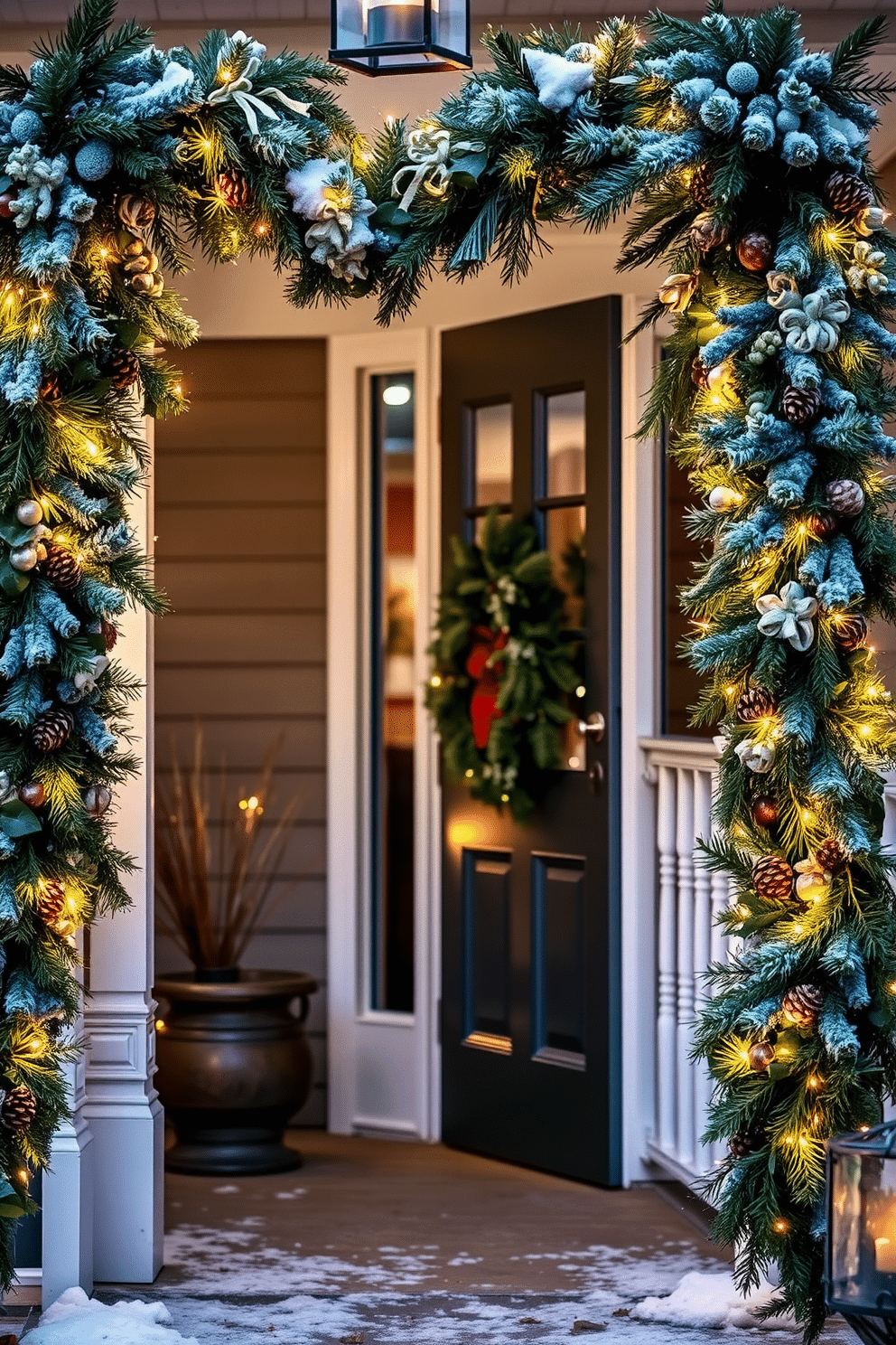 A cozy winter entryway adorned with seasonal garlands draped elegantly over the railings. The garlands are lush with evergreen branches, pinecones, and twinkling fairy lights, creating a warm and inviting atmosphere.