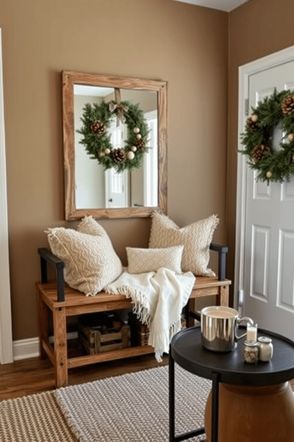 A cozy winter entryway features a welcoming bench adorned with plush cushions and a soft throw blanket. The walls are painted in a warm taupe hue, complemented by a large mirror with a rustic wooden frame. A beautiful wreath made of pinecones and evergreen branches hangs on the front door. The floor is covered with a thick, textured rug in neutral tones, and a small table displays a few seasonal decorations and a steaming mug of hot cocoa.