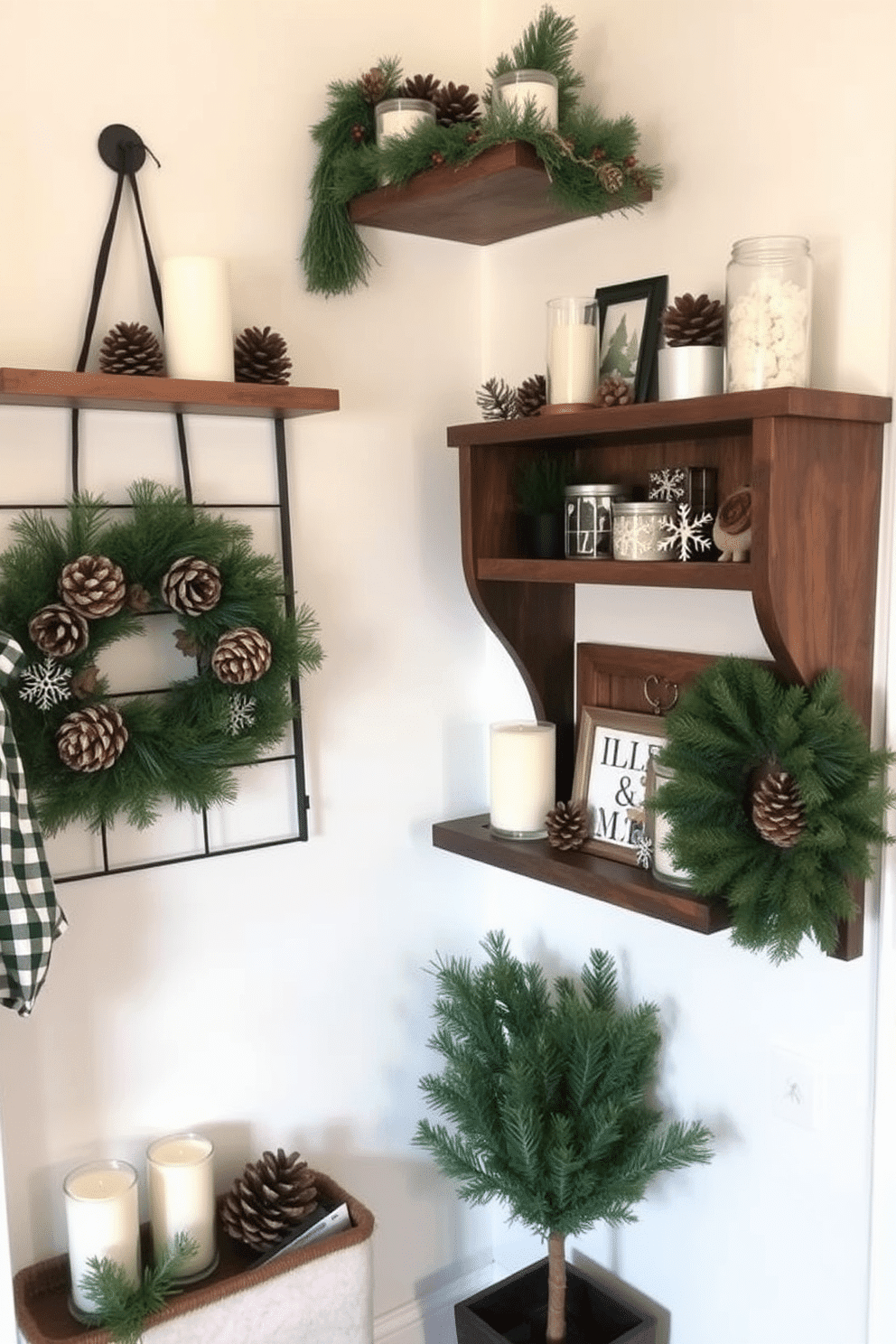 A cozy winter entryway features wall-mounted shelves adorned with decorative displays. The shelves are filled with an assortment of winter-themed decor, including pinecones, candles, and small potted evergreen plants.