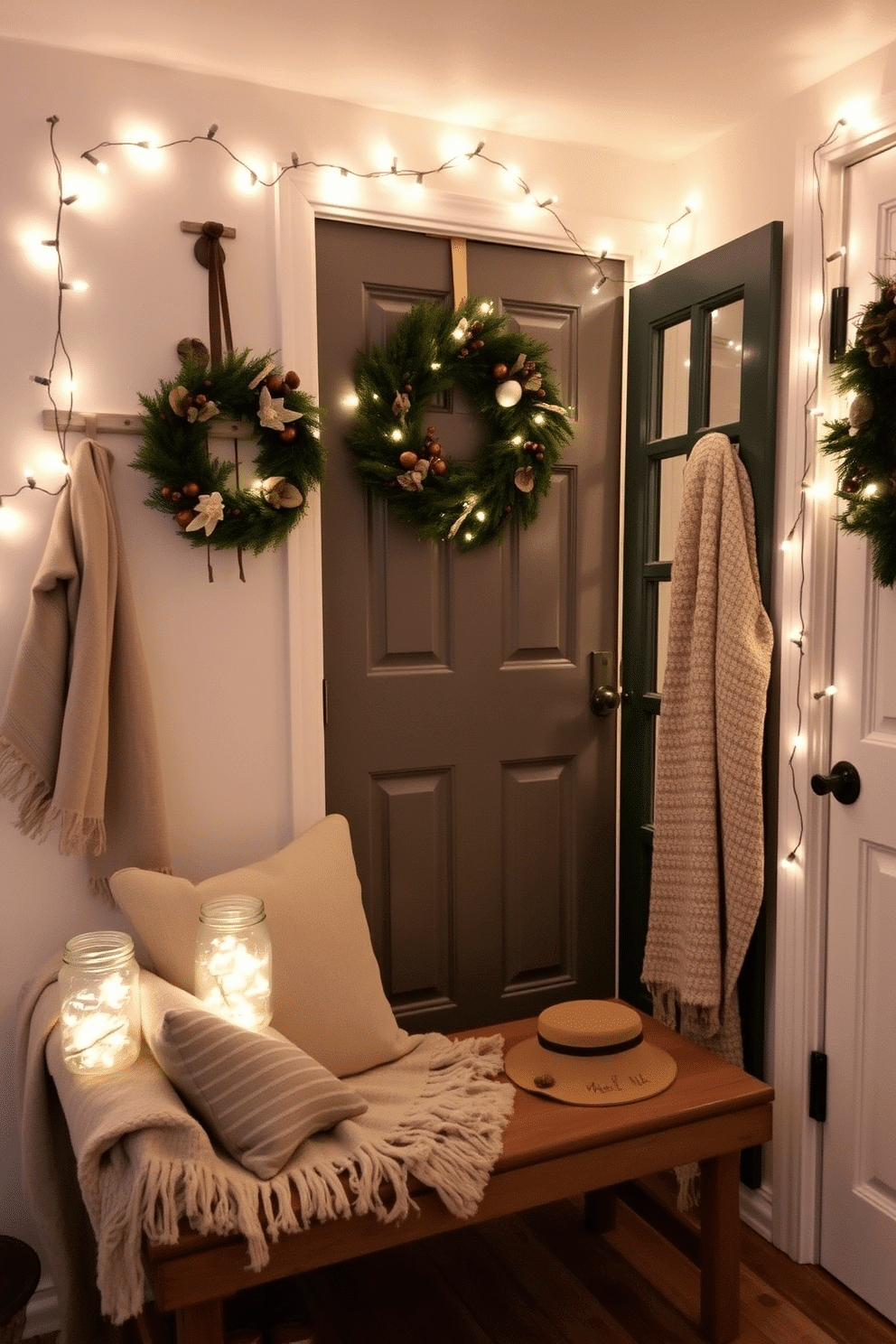 A cozy winter entryway adorned with twinkling fairy lights nestled in glass jars creates a warm and inviting atmosphere. The space features a rustic wooden bench, a soft woolen throw draped over one side, and a seasonal wreath hanging on the door.