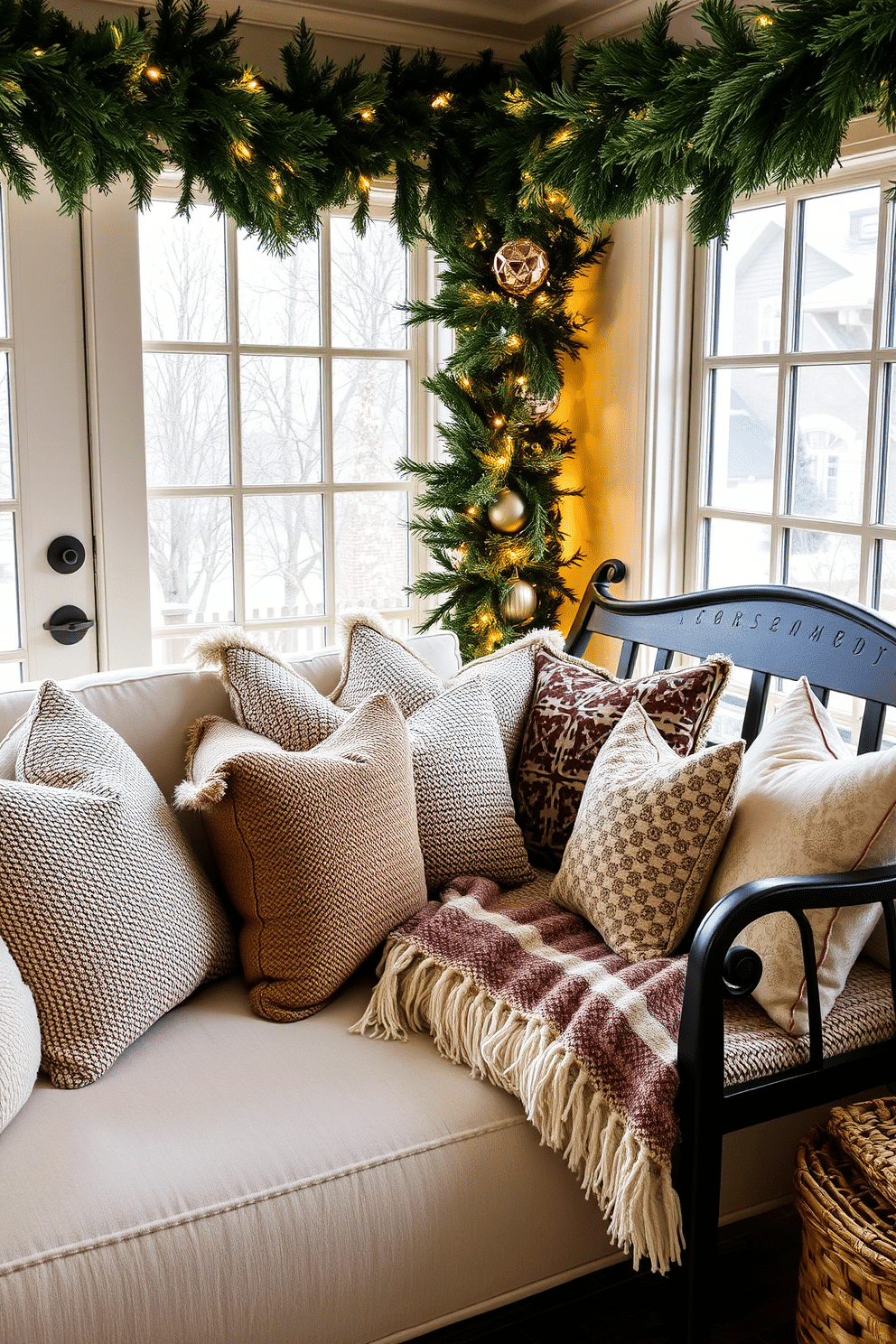 Comfortable seating with abundant cushions creates a warm and inviting atmosphere. A plush sofa adorned with various textured pillows is positioned near a large window, allowing natural light to flood the space. Winter entryway decorating ideas can transform your home into a cozy retreat. A stylish bench lined with soft blankets and decorative throw pillows complements a backdrop of evergreen garlands and twinkling fairy lights.