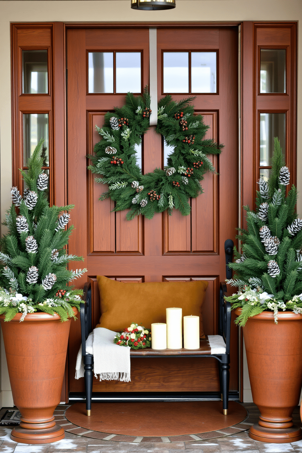 A cozy winter entryway featuring a beautifully crafted wooden door adorned with a seasonal wreath made of evergreen branches, pinecones, and red berries. Flanking the door are two tall planters filled with winter foliage, creating a warm and inviting atmosphere. Inside the entryway, a rustic bench is placed against the wall, topped with a soft throw blanket and a couple of decorative pillows. A small table nearby displays a collection of candles and a festive arrangement of seasonal decorations, enhancing the welcoming feel of the space.