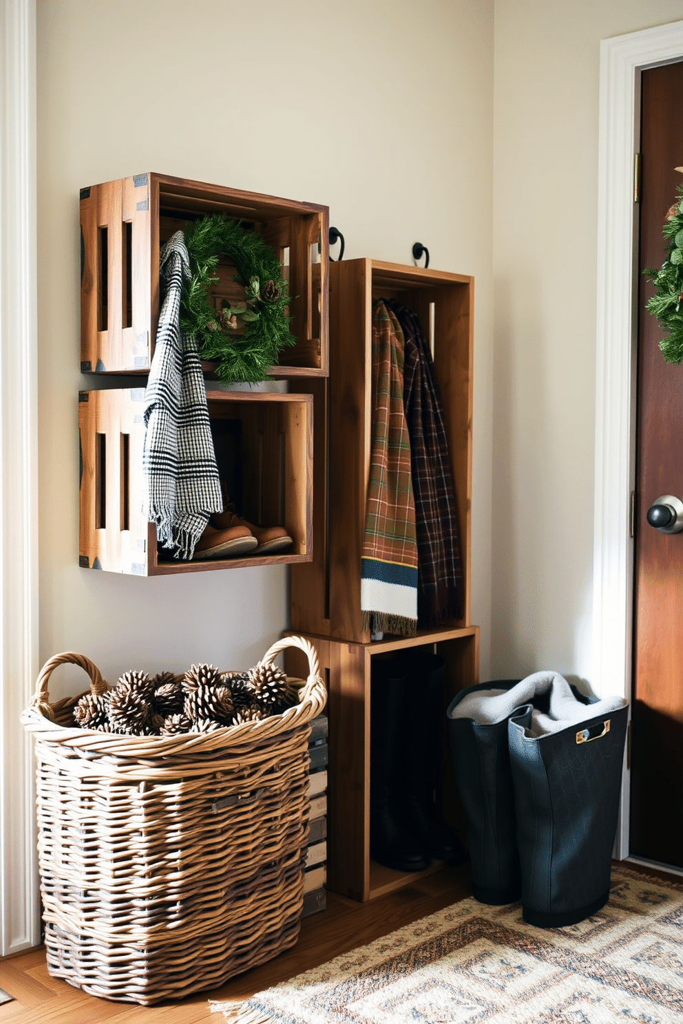 A cozy winter entryway features rustic wooden crates stacked against the wall, serving as stylish storage solutions for boots and scarves. Soft, warm lighting illuminates the space, highlighting a woven basket filled with pinecones and seasonal greenery.