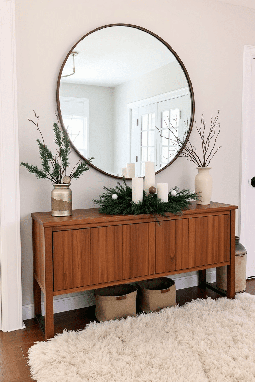 A winter entryway decorated with a cozy aesthetic. The space features a large round mirror that reflects natural light, enhancing the warm tones of the wooden console table below. The console table is adorned with a stylish arrangement of pine branches and white candles. A plush area rug in soft neutrals lies beneath, inviting guests to step inside and feel at home.