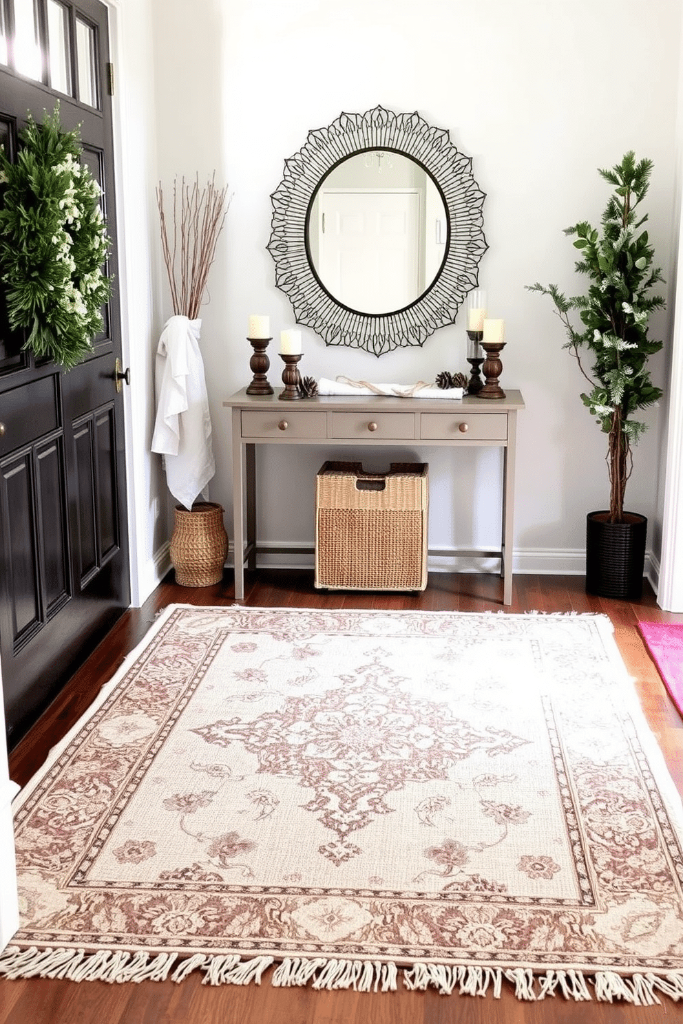 A cozy winter entryway features layered rugs that create a warm and inviting atmosphere. The base rug is a large neutral-toned piece, topped with a smaller, intricately patterned rug that adds a touch of color and texture. The entryway is adorned with a stylish console table against the wall, topped with seasonal decor like pinecones and candles. A decorative mirror hangs above the table, reflecting the natural light that streams in from the nearby window.