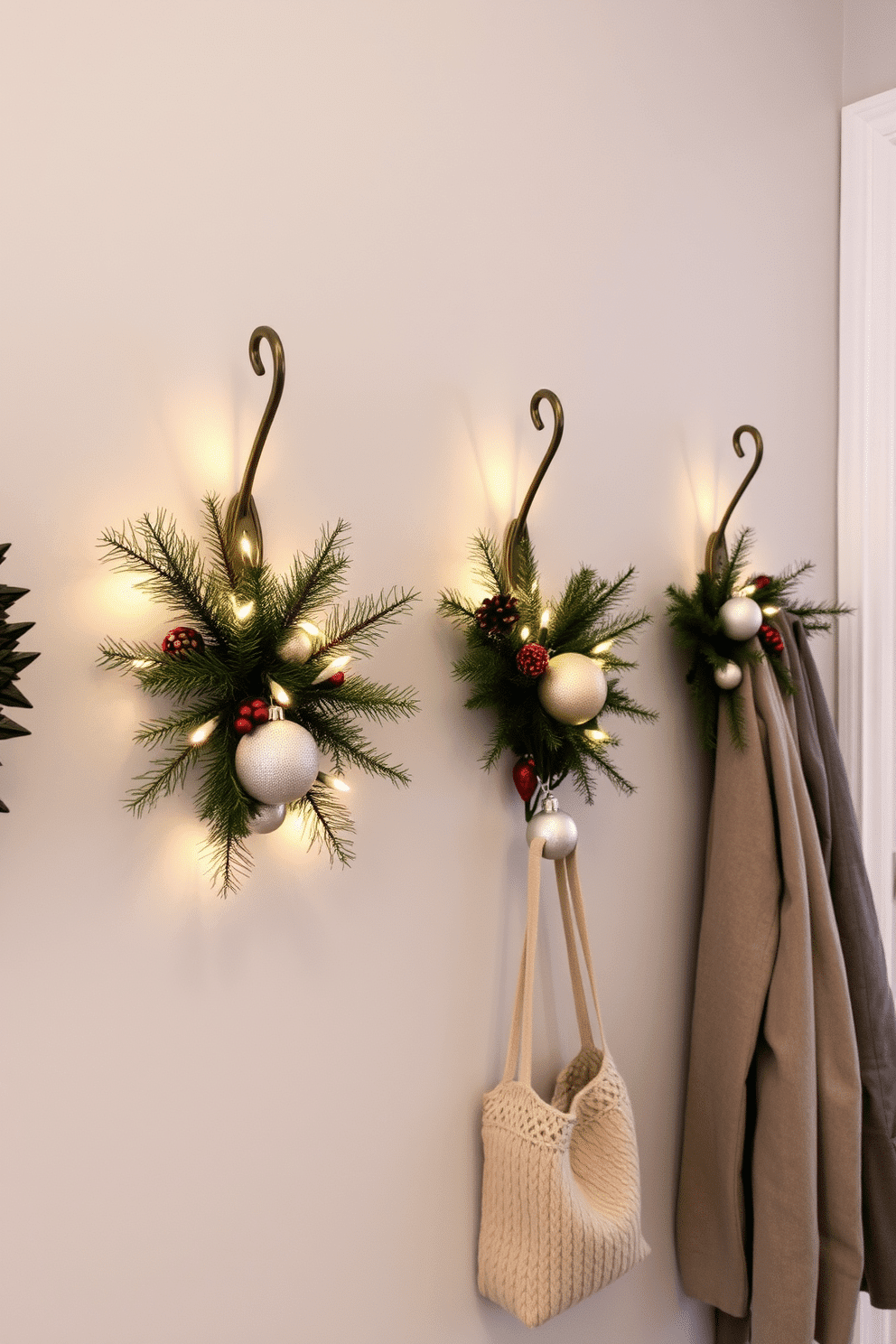 A stylish winter entryway features a set of elegant coat hooks arranged on a soft gray wall. Each hook is adorned with seasonal decor such as pine branches, twinkling fairy lights, and festive ornaments.