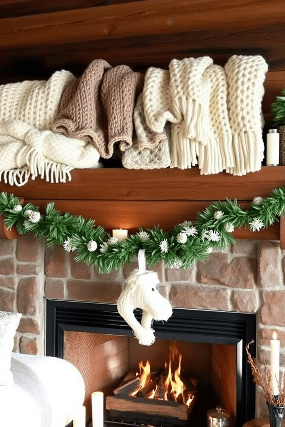 Cozy knitted blankets are artfully draped over a rustic wooden mantel, adding warmth and texture to the space. The fireplace below crackles softly, surrounded by a collection of seasonal decorations and flickering candles that enhance the inviting atmosphere.