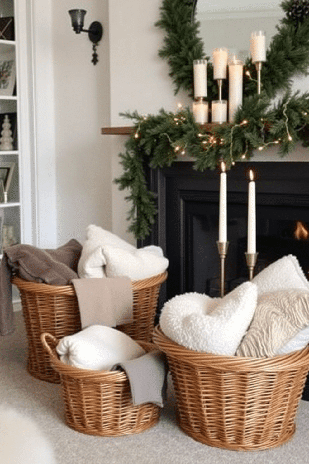 A cozy living room featuring decorative baskets filled with soft blankets and plush pillows. The baskets are made of natural wicker, adding warmth and texture to the space. The fireplace is elegantly decorated for winter with a garland of pine branches and twinkling fairy lights. A set of festive candles in varying heights is arranged on the mantel, creating a welcoming glow.