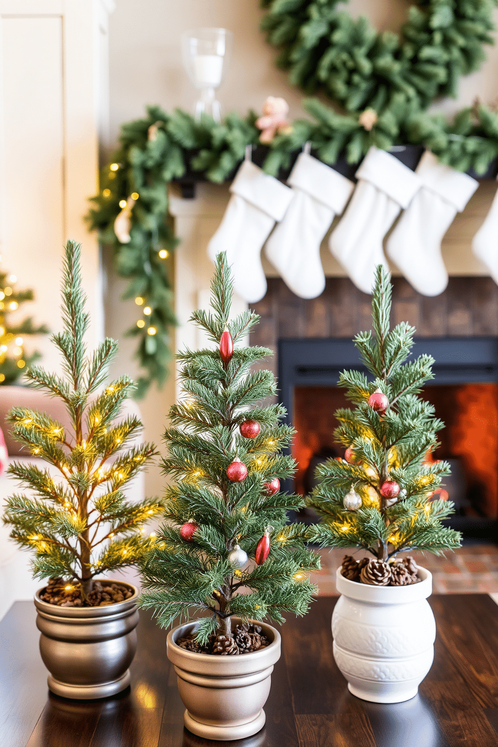 A cozy living room adorned with miniature evergreen trees arranged in decorative pots, adding a festive charm to the space. The trees are complemented by twinkling fairy lights and colorful ornaments, creating a warm and inviting atmosphere. A rustic fireplace serves as the focal point of the room, decorated with garlands of greenery and pinecones. Above the mantel, stockings hang with care, while a crackling fire casts a soft glow, enhancing the holiday spirit.