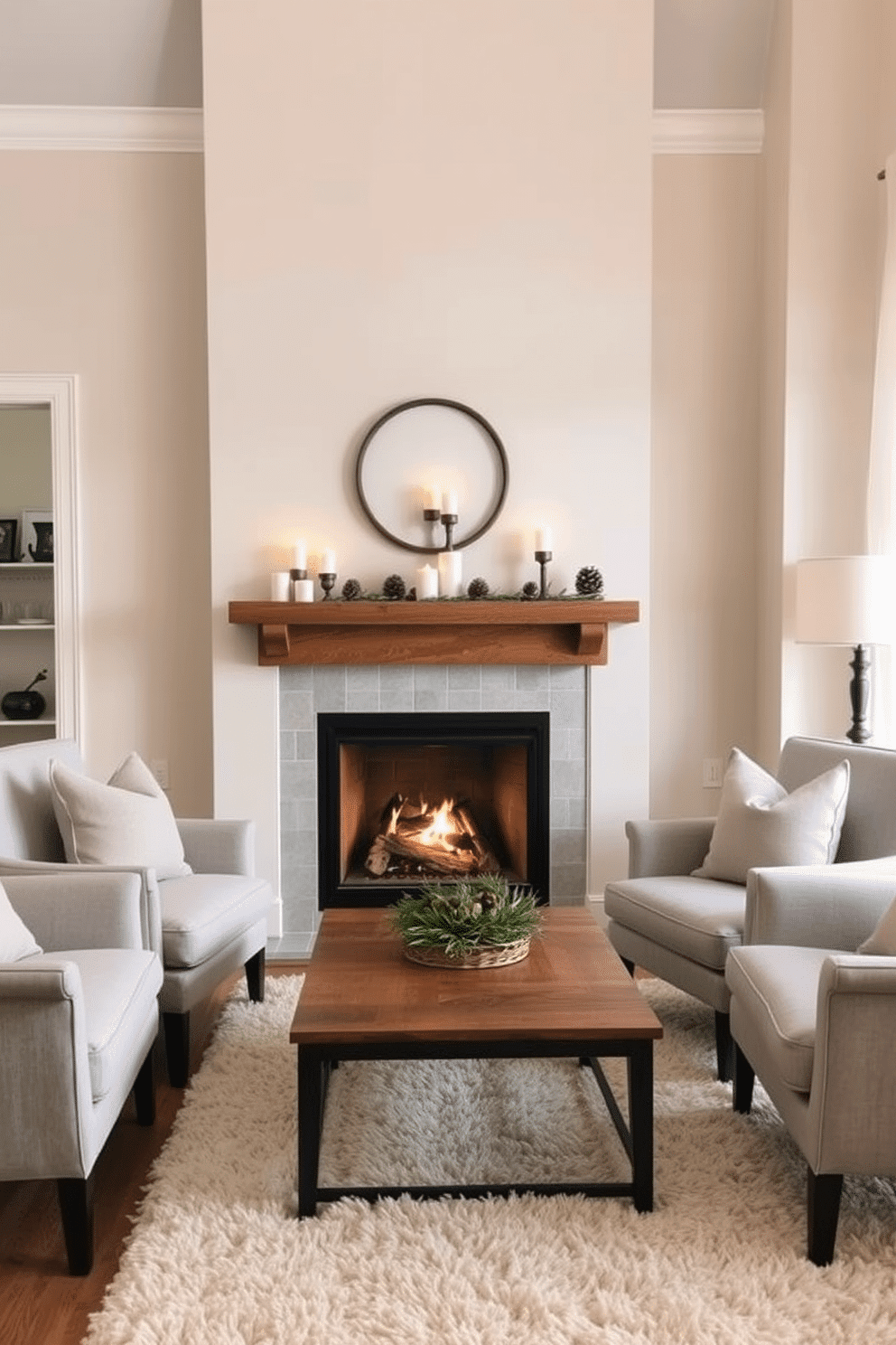 A cozy living room featuring a winter fireplace as the focal point. The fireplace is adorned with a simple wooden mantel decorated with pinecones and candles, creating a warm and inviting atmosphere. Soft beige walls complement the neutral color palette, while a plush cream area rug anchors the seating area. A pair of comfortable armchairs upholstered in light gray fabric flanks a low wooden coffee table, enhancing the serene look.