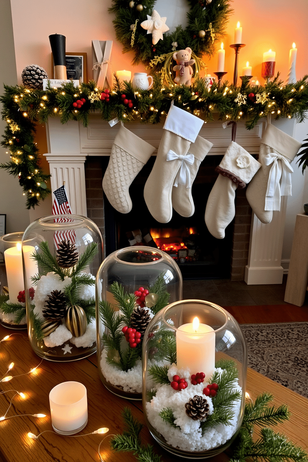 A collection of glass terrariums filled with winter elements such as pinecones, evergreen branches, and artificial snow creates a cozy and inviting atmosphere. These terrariums are placed on a rustic wooden table surrounded by soft white candles and twinkling fairy lights. A beautifully decorated fireplace adorned with garlands of fresh greenery and red berries sets a festive mood. The mantel features elegant stockings hung with care, complemented by warm, flickering candlelight and a selection of winter-themed decor items.