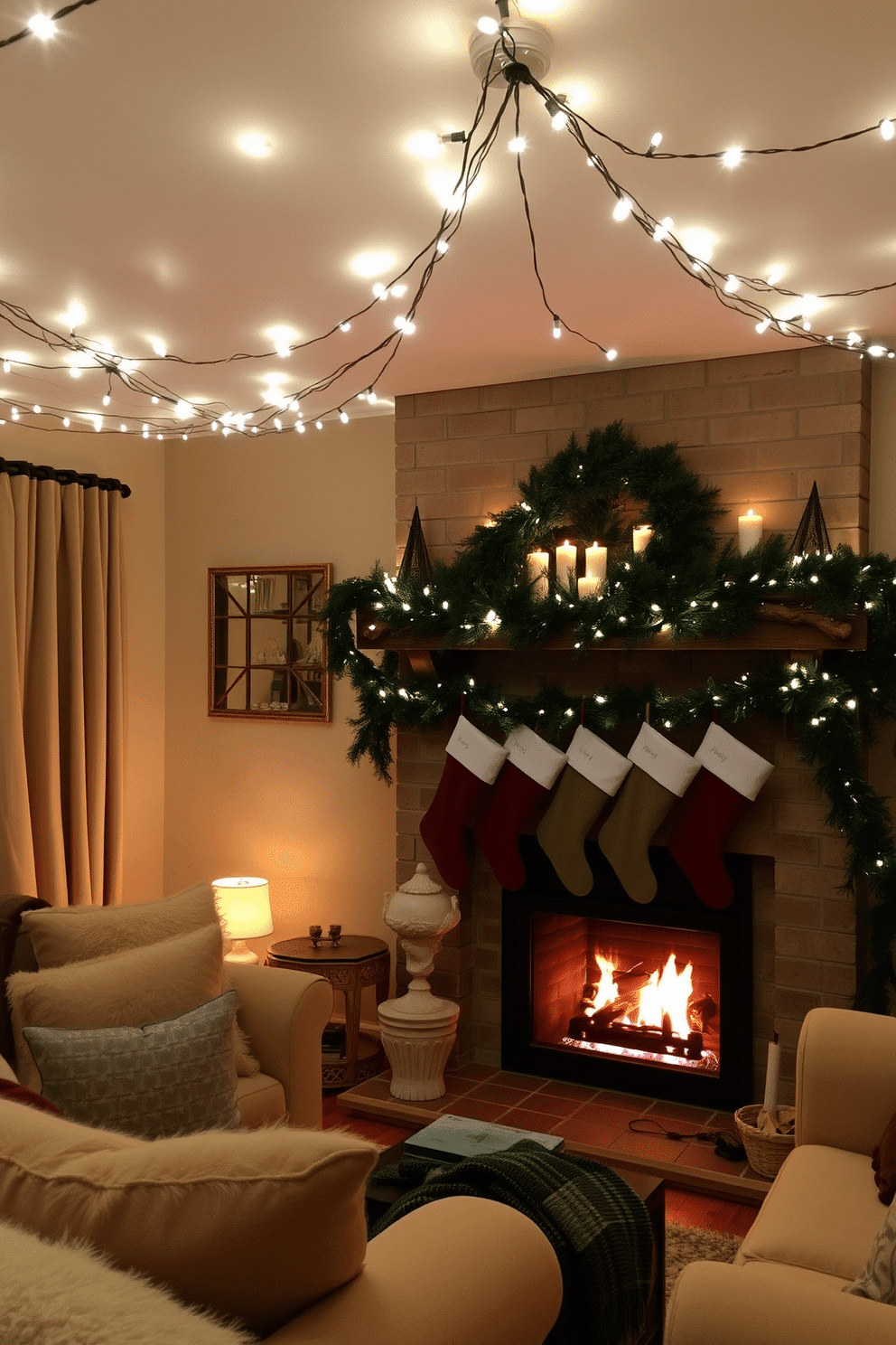 A cozy living room adorned with twinkling fairy lights strung across the ceiling, creating a magical atmosphere. The soft glow illuminates the space, complementing plush furniture and warm textiles. A beautifully decorated winter fireplace, featuring a rustic mantel adorned with evergreen garlands and candles. Stockings hang cheerfully from the mantel, while a warm fire crackles, casting a comforting light throughout the room.