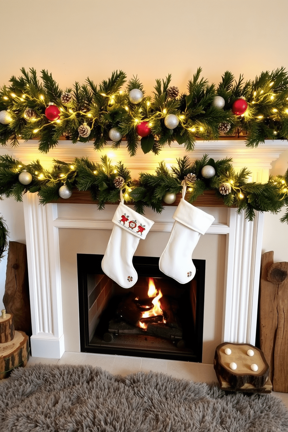 A cozy winter fireplace setting. The mantel is adorned with lush seasonal garlands intertwined with twinkling fairy lights, creating a warm and inviting atmosphere. Stockings hang from the mantel, each uniquely designed with festive patterns. The fireplace is surrounded by rustic wood accents and a plush area rug, enhancing the winter charm.