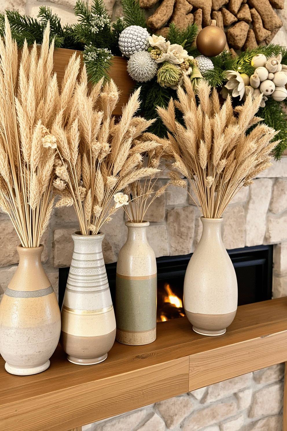 Textured ceramic vases filled with dried flowers are elegantly arranged on a rustic wooden mantel. The vases feature a variety of earthy tones and intricate patterns, enhancing the cozy atmosphere of the winter setting. The fireplace is adorned with seasonal decorations, including evergreen branches and twinkling fairy lights. A warm glow emanates from the fire, creating a welcoming and inviting space perfect for winter gatherings.