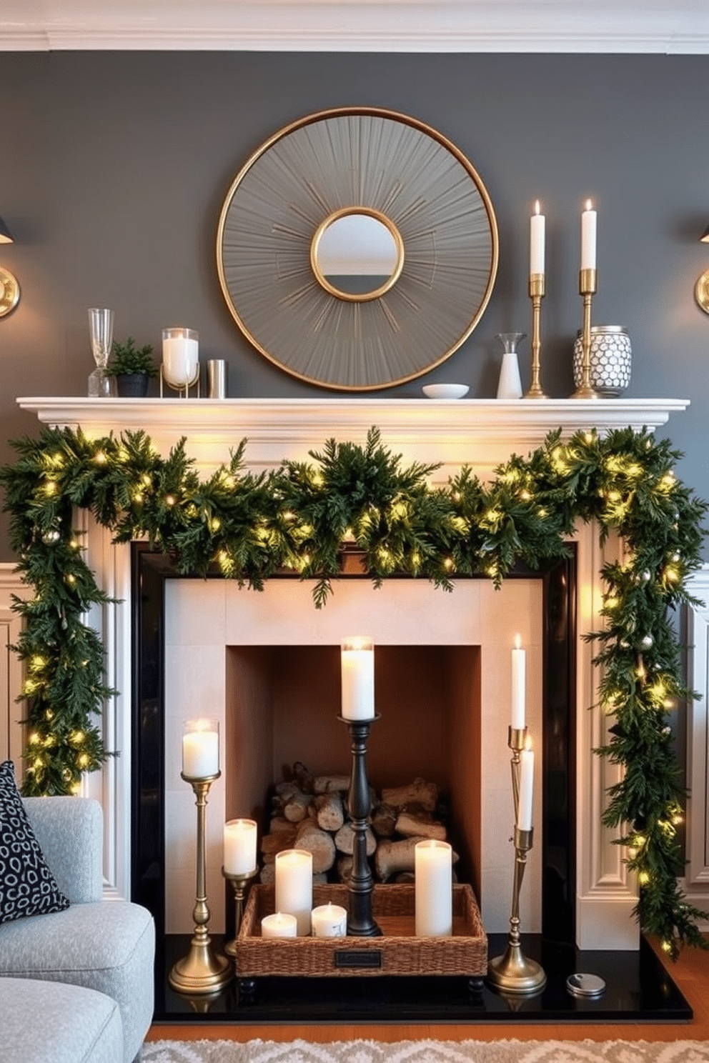 Chic metal accents for a modern touch. Incorporate sleek brass or chrome fixtures throughout the space, including lighting and furniture, to elevate the overall aesthetic. Winter fireplace decorating ideas. Frame the fireplace with a cozy arrangement of evergreen garlands and twinkling fairy lights, complemented by stylish candle holders for a warm ambiance.