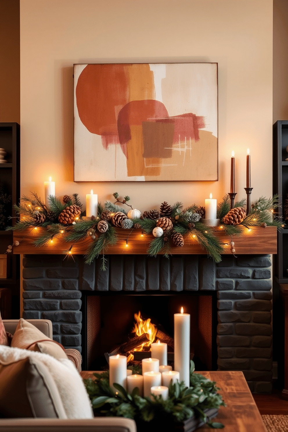 Warm-toned wall art that features abstract shapes and earthy colors is displayed prominently on the wall. The art adds a cozy and inviting atmosphere to the room while complementing the warm wood tones of the furniture. A beautifully decorated winter fireplace showcases a mix of seasonal elements like pinecones, evergreen branches, and twinkling fairy lights. The mantel is adorned with candles of varying heights, creating a warm and festive focal point in the living space.