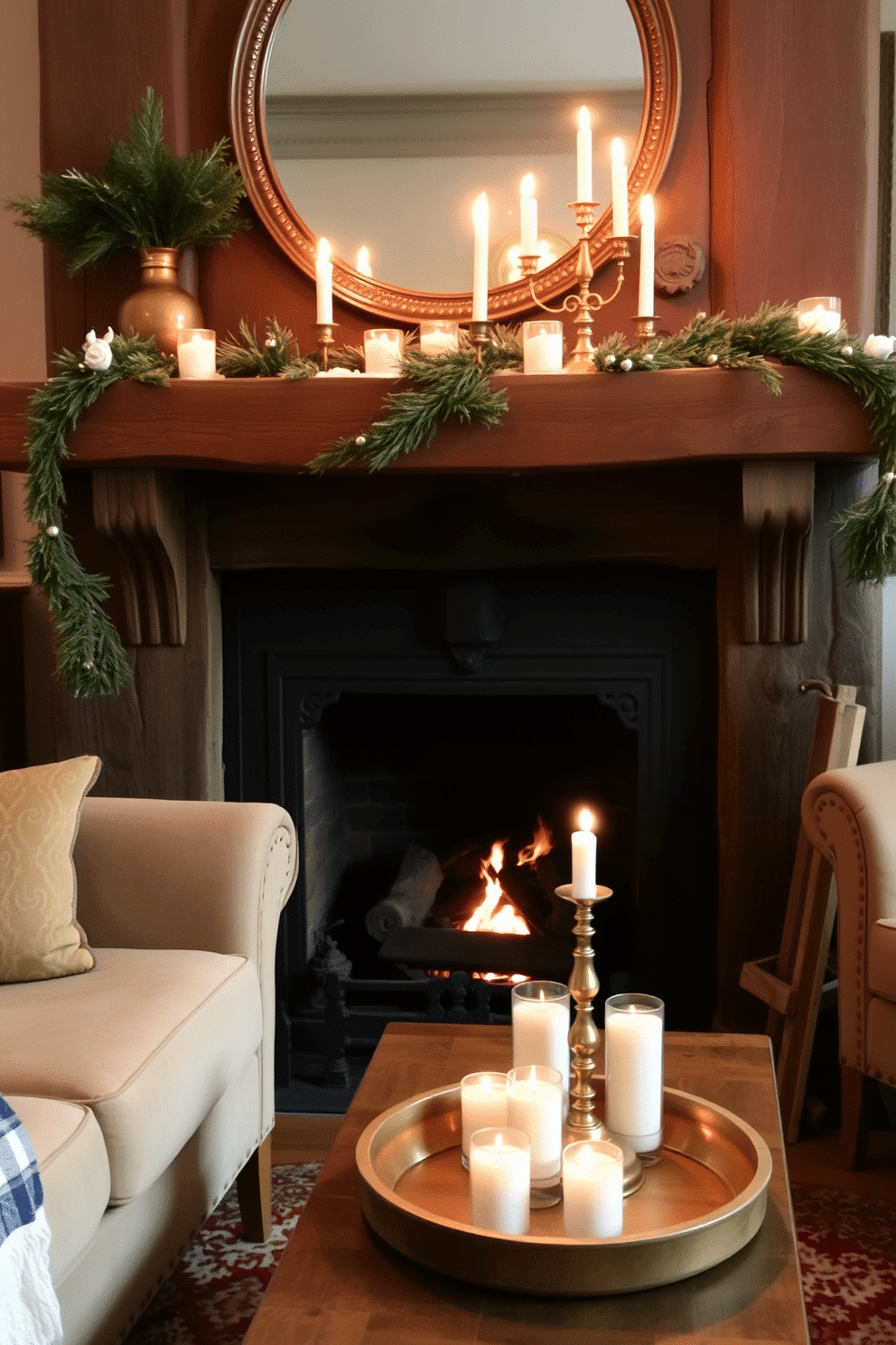 A cozy winter living room featuring a rustic fireplace adorned with vintage brass candlesticks. The flickering candlelight casts a warm glow, enhancing the atmosphere of comfort and nostalgia.