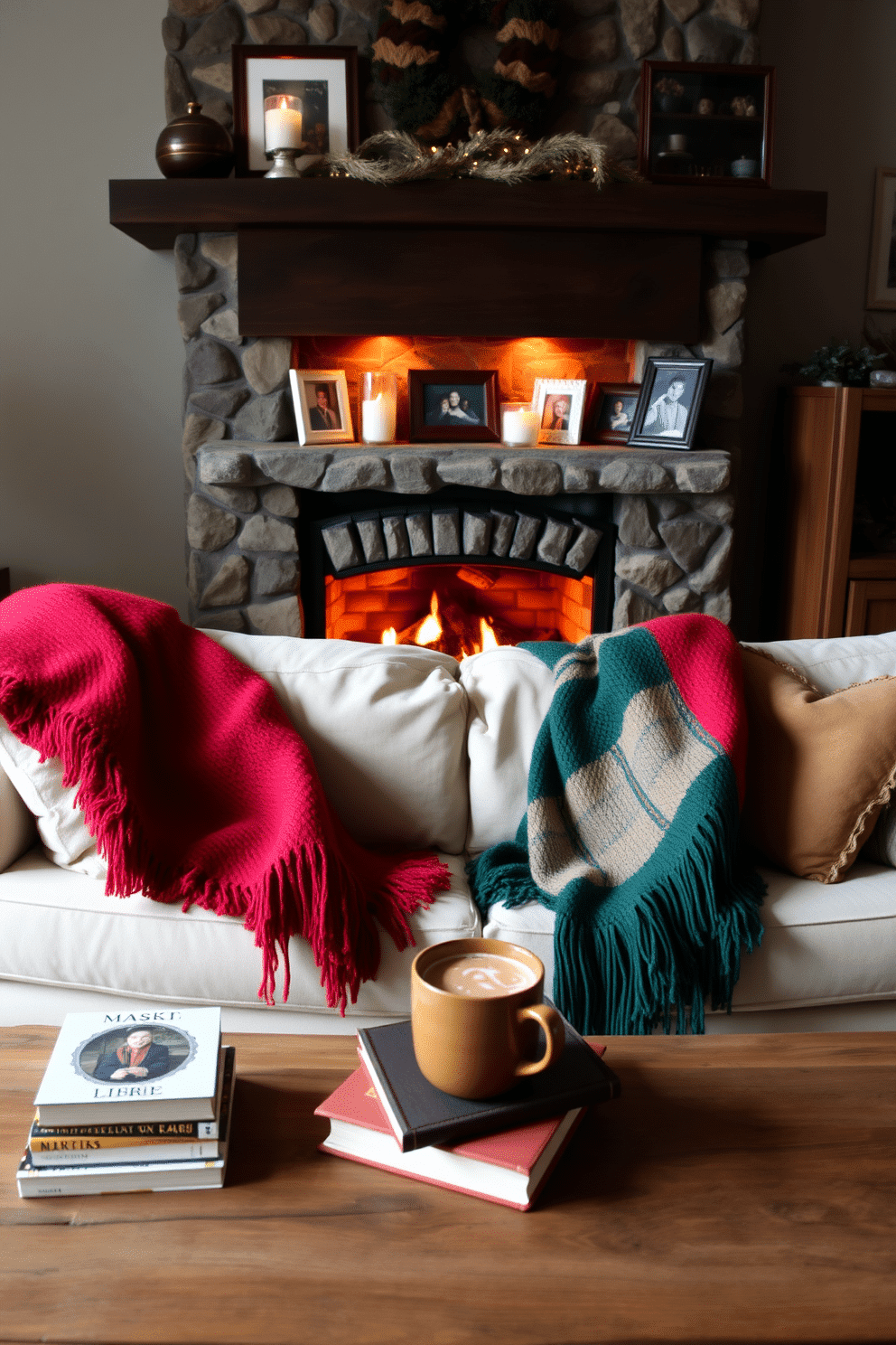 A cozy living room setting featuring a warm fireplace with a stone surround. The mantel is adorned with seasonal decorations and framed family photos, creating a welcoming atmosphere. Plush woolen throws in vibrant colors are draped over a soft, oversized sofa. A rustic coffee table sits in front, topped with a stack of books and a steaming mug of hot cocoa.