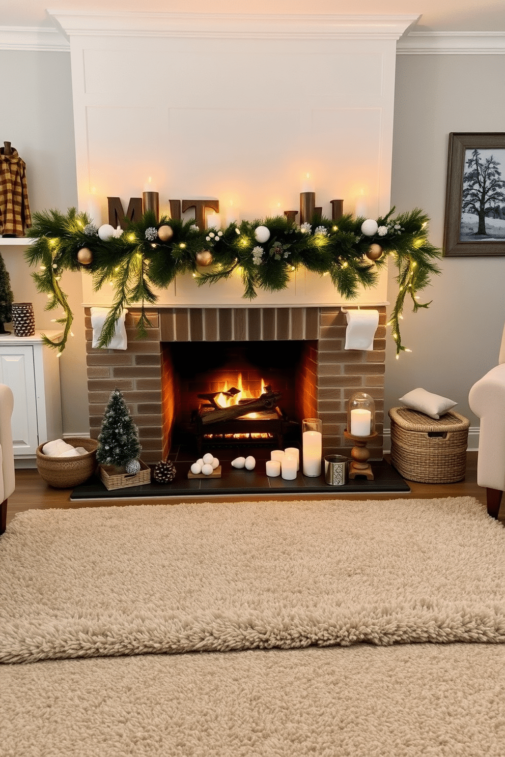 A cozy living room adorned with layered rugs that add warmth underfoot. The main rug is a soft, neutral tone with a plush texture, while a smaller, patterned rug sits atop it, creating visual interest and comfort. A beautifully decorated winter fireplace is the focal point of the room. The mantel is adorned with evergreen garlands, twinkling fairy lights, and an assortment of candles in varying heights, creating a warm and inviting atmosphere.