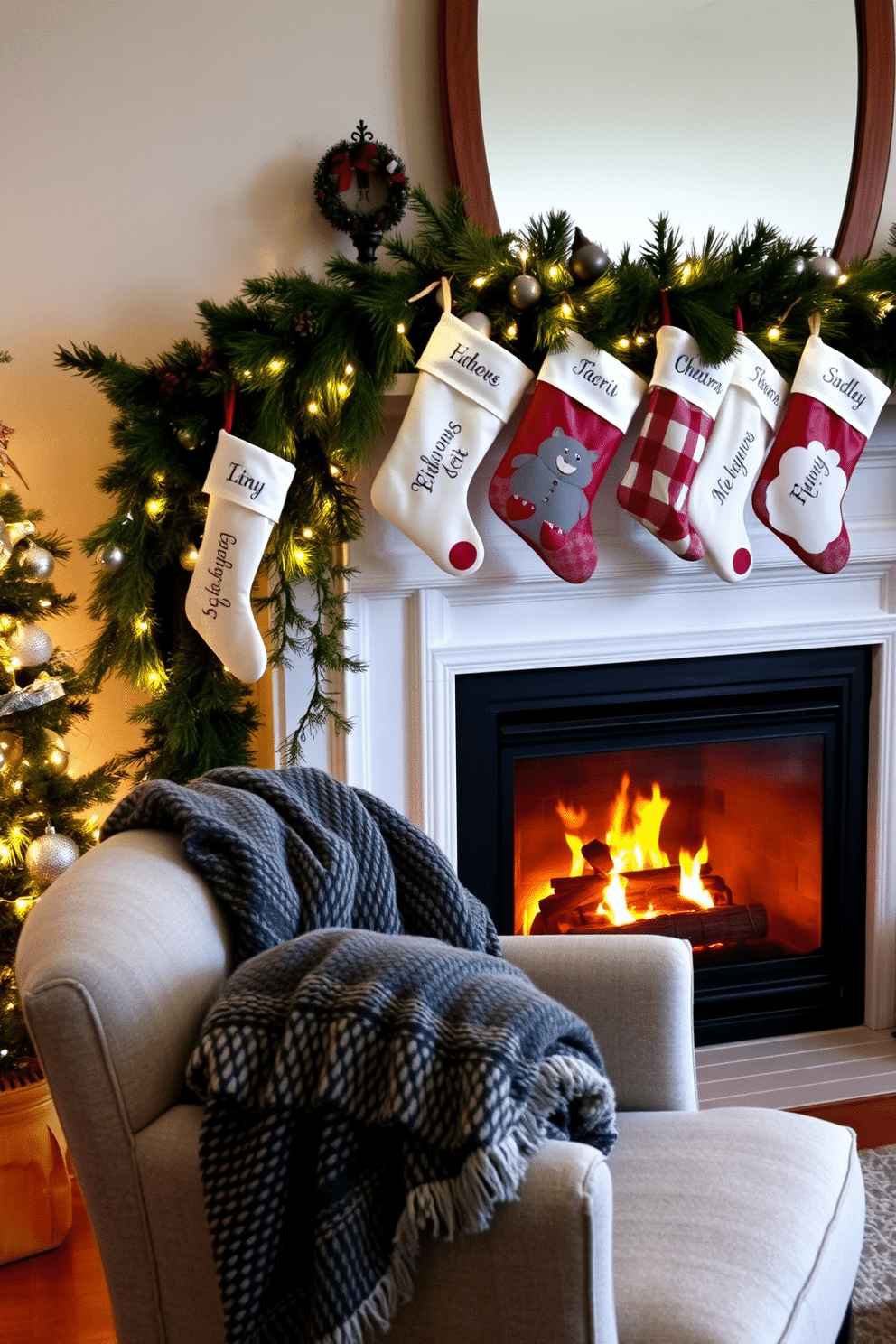 A cozy winter living room setting. There is a beautifully decorated fireplace adorned with evergreen garlands and twinkling fairy lights. Above the mantel, personalized stockings are hung with care, each featuring unique designs and names. The warm glow of the fire complements the rich textures of the plush throw blankets draped over the nearby armchair.