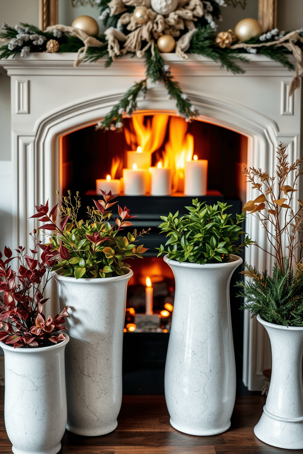 Elegant ceramic pots filled with seasonal plants create a warm and inviting atmosphere. The vibrant colors of the plants contrast beautifully with the soft, neutral tones of the surrounding decor. A winter fireplace adorned with tasteful decorations adds a cozy touch to the room. The flickering flames provide a perfect backdrop for elegant ornaments and seasonal accents that enhance the festive spirit.