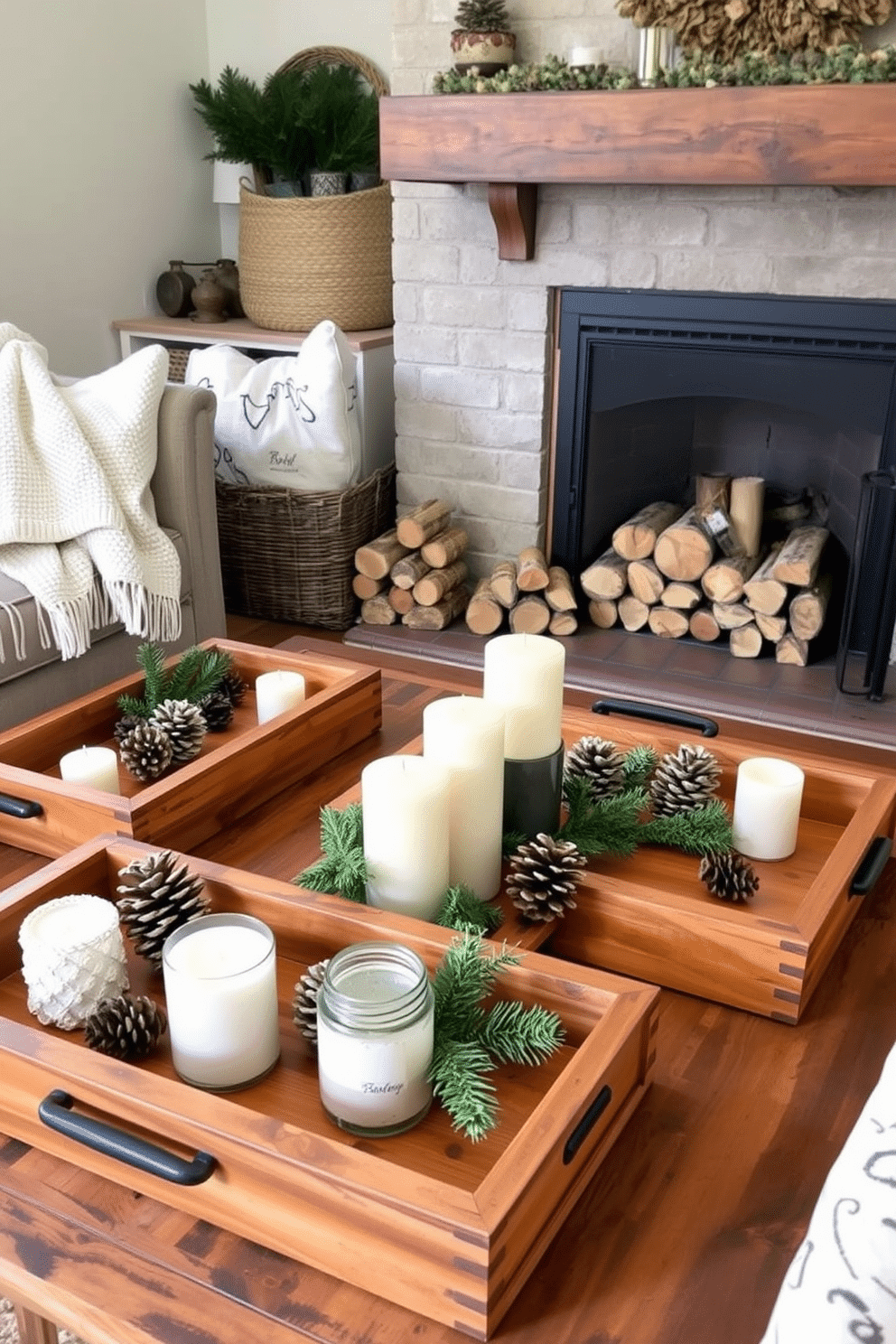 Wooden trays arranged on a rustic coffee table create an inviting and organized decor display. Each tray holds a carefully curated selection of seasonal items such as candles, pinecones, and small evergreen branches. A cozy winter fireplace adorned with natural elements adds warmth to the room. Surround the fireplace with logs, woven baskets, and soft blankets to enhance the seasonal atmosphere.