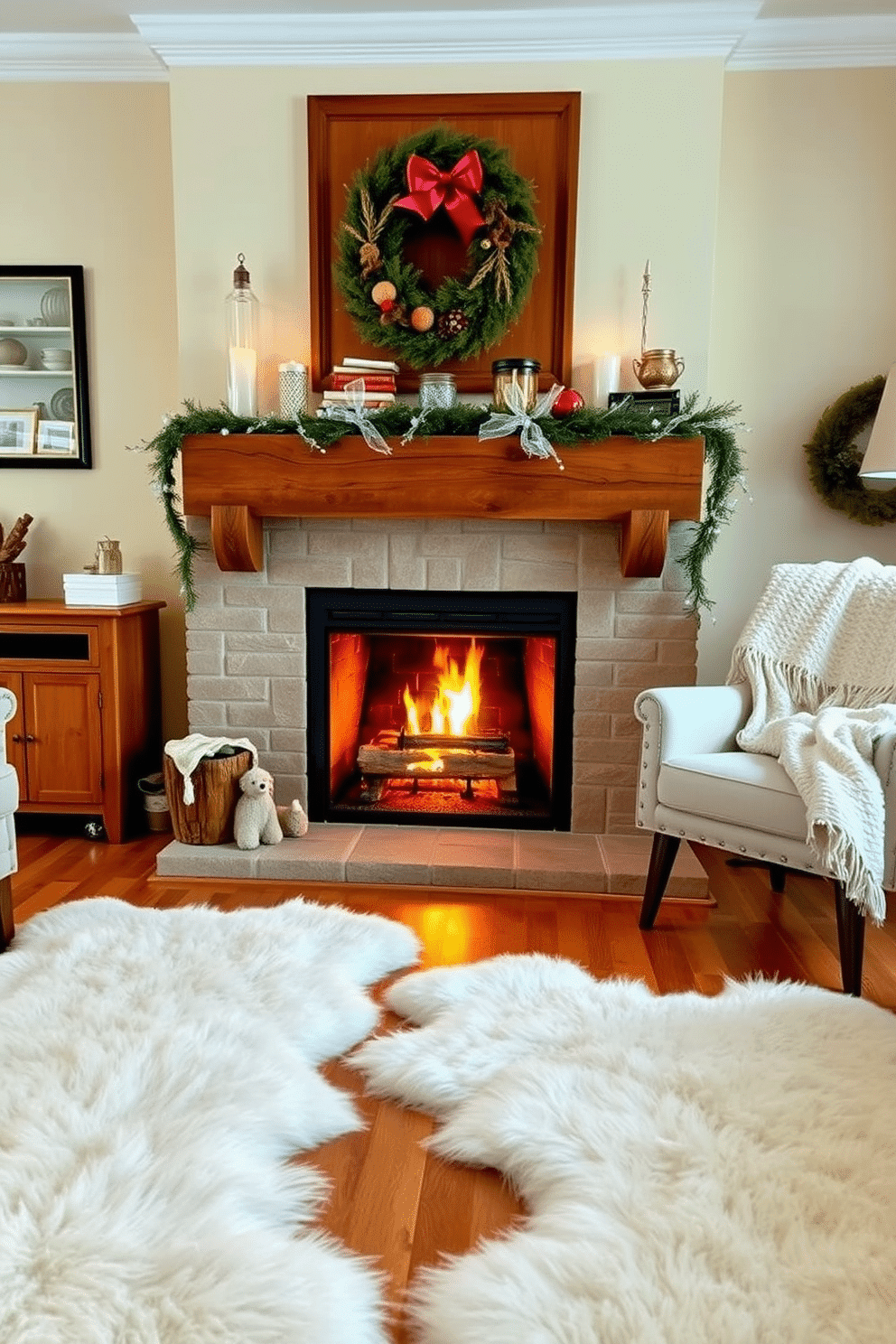 A cozy winter living room features a beautiful fireplace with a rustic wooden mantel adorned with seasonal decorations. In front of the fireplace, soft faux sheepskin rugs create a warm and inviting atmosphere, perfect for snuggling up during cold evenings. The walls are painted in a warm cream color, complementing the natural wood tones of the furniture. A stylish armchair and a plush throw blanket complete the inviting space, making it ideal for relaxation and comfort.