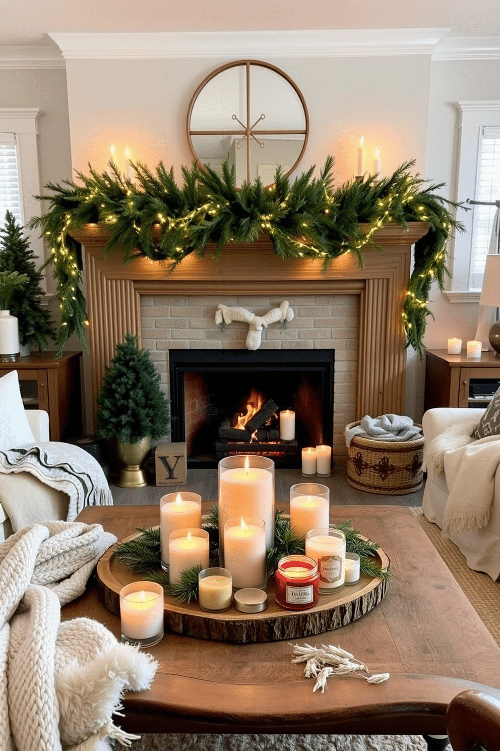 A cozy living room adorned with seasonal scented candles in various sizes and colors, creating an inviting aroma throughout the space. The candles are arranged on a rustic wooden coffee table, surrounded by soft blankets and plush pillows for a warm ambiance. A beautifully decorated fireplace serves as the focal point of the room, featuring a mantel adorned with evergreen garlands and twinkling fairy lights. The fireplace is surrounded by comfortable seating, inviting family and friends to gather and enjoy the winter atmosphere.