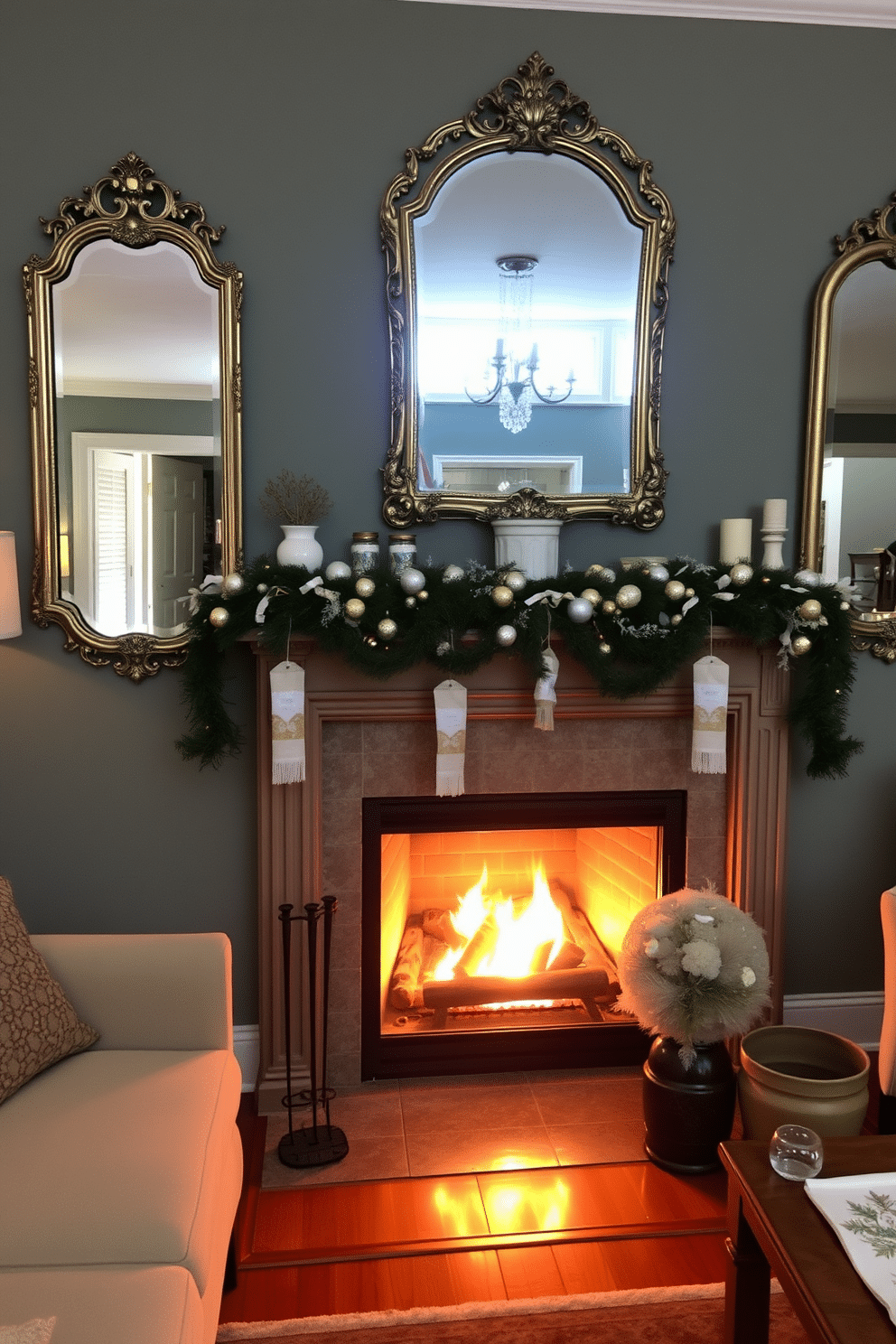 A cozy living room features vintage mirrors that beautifully reflect the warm glow of the fireplace. The fireplace is adorned with seasonal decorations, creating a welcoming winter atmosphere.