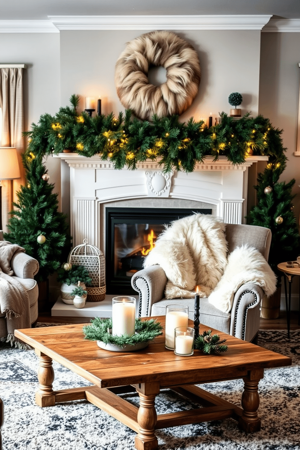 A cozy winter living room setting featuring a beautiful fireplace adorned with faux fur accents. The mantle is decorated with evergreen garlands and twinkling fairy lights, creating a warm and inviting atmosphere. Plush faux fur throws drape over a stylish armchair, inviting relaxation. A rustic wooden coffee table sits in front of the fireplace, topped with seasonal decor and a few scented candles for a touch of elegance.