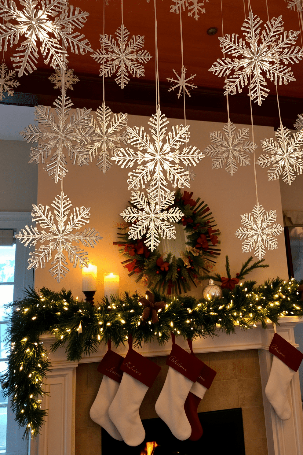 Decorative snowflakes in various sizes hang from the ceiling, creating a whimsical winter wonderland effect. The snowflakes are made of delicate paper and shimmering metallic finishes, catching the light and adding a festive touch to the room. A cozy fireplace is adorned with garlands of evergreen and twinkling fairy lights, enhancing the warm ambiance. Stockings in rich reds and whites are hung with care, inviting a sense of holiday cheer and comfort.