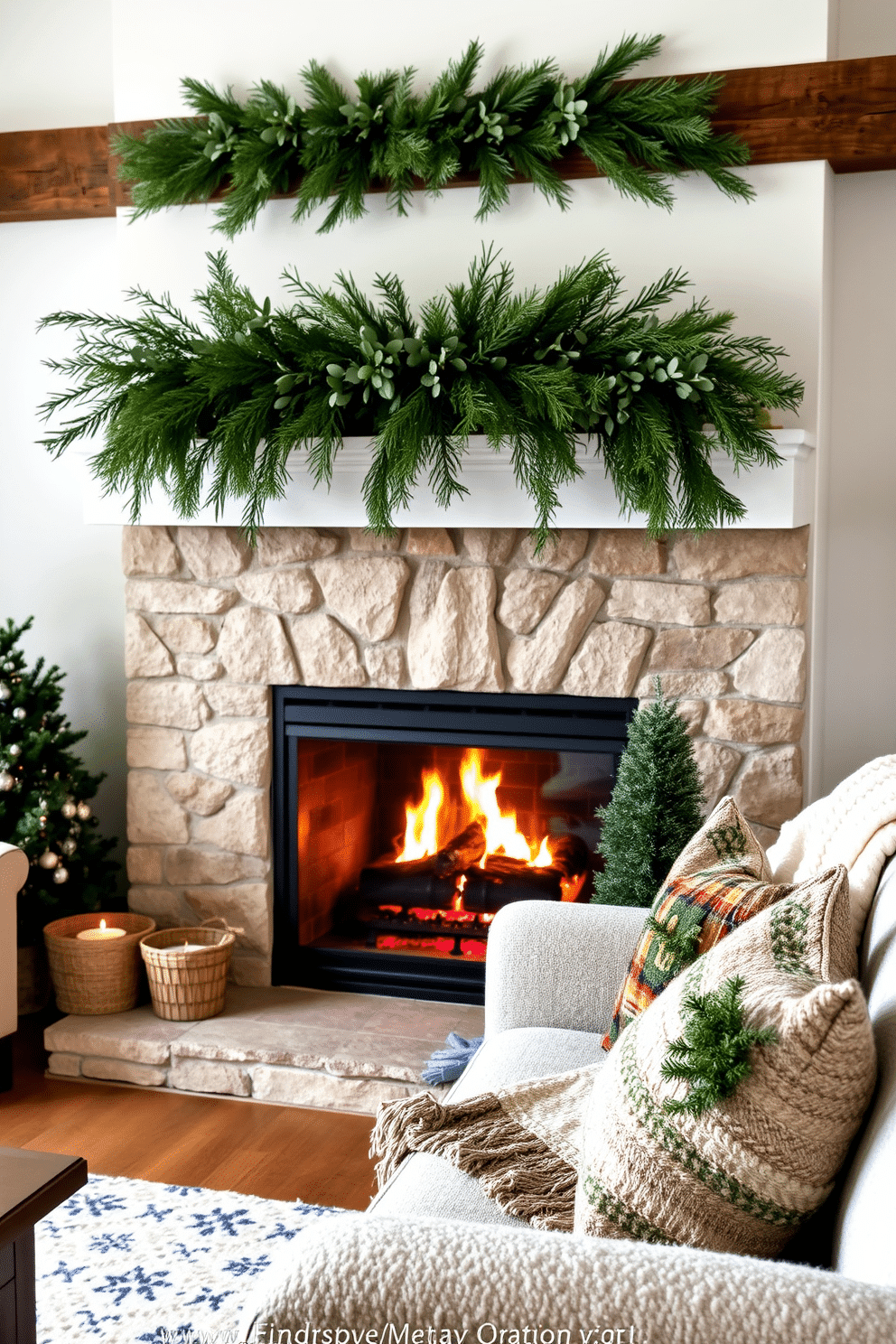 A cozy living room featuring a winter fireplace adorned with natural greenery. Pine and eucalyptus branches are elegantly draped along the mantel, creating a warm and inviting atmosphere. The fireplace itself is surrounded by a rustic stone facade, with a crackling fire casting a soft glow. Plush blankets and seasonal decor are thoughtfully arranged on a comfortable sofa nearby, enhancing the winter charm.