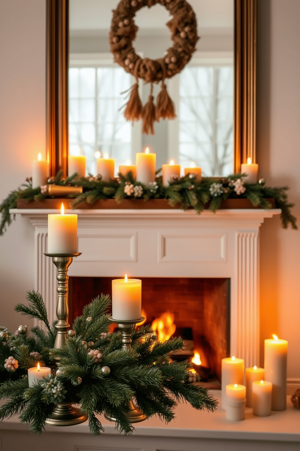 A cozy winter fireplace setting adorned with layered candles of varying heights creates a warm and inviting atmosphere. The flickering candlelight complements the soft glow of the fire, enhancing the overall ambiance of the room.