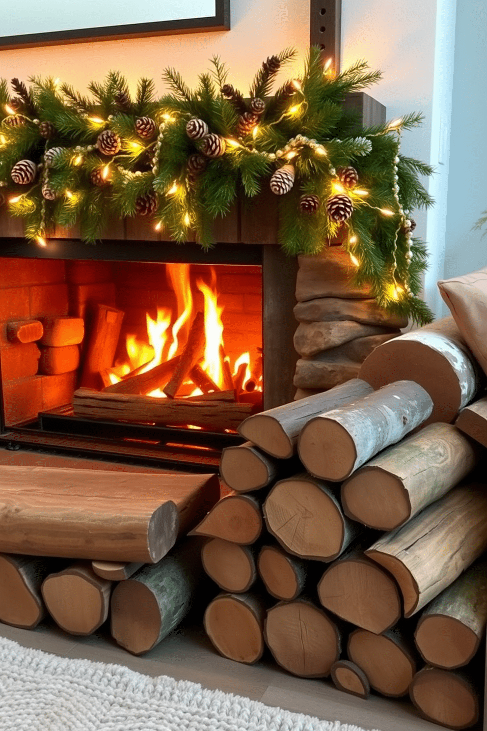 A cozy living room featuring rustic wooden logs stacked neatly beside a warm winter fireplace. The fireplace is adorned with an array of seasonal decorations, including pinecones, evergreen branches, and twinkling fairy lights for a festive ambiance.