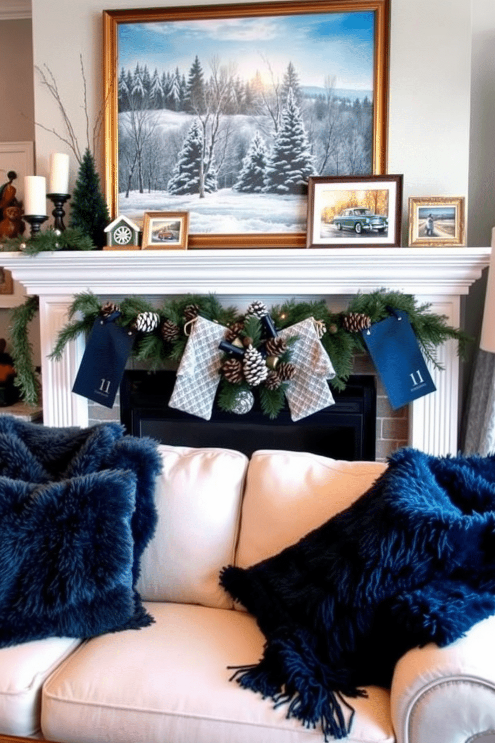 A cozy winter living room featuring a beautifully decorated fireplace. The mantel is adorned with seasonal artwork, including a large painting of a snowy landscape and smaller framed prints of winter scenes. The fireplace itself is surrounded by a collection of pinecones and evergreen branches, adding a natural touch. Plush blankets and decorative pillows in shades of deep blue and silver are arranged on the sofa, inviting warmth and comfort.