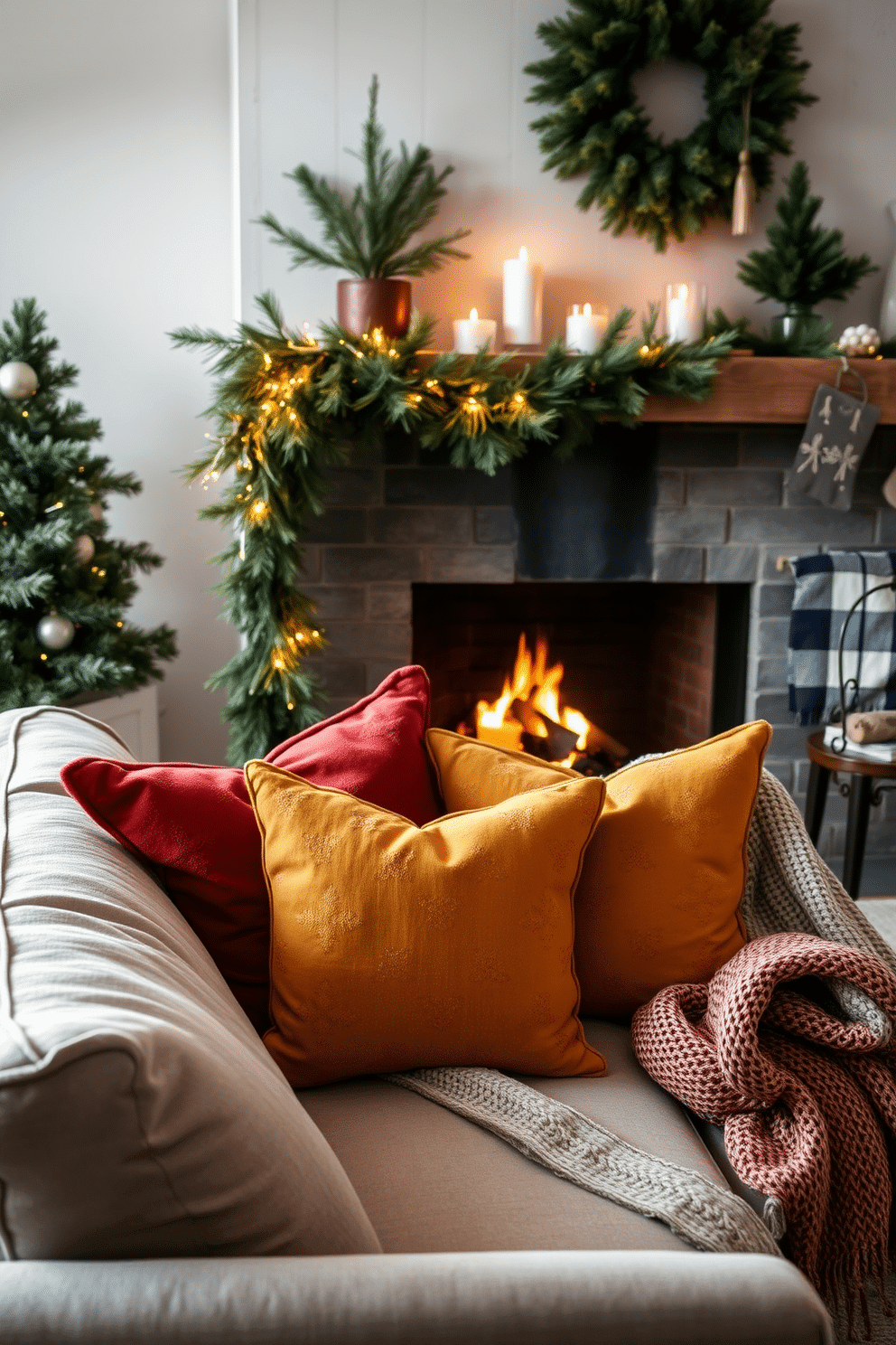 A cozy living room setting featuring a plush sofa adorned with warm-toned throw pillows in shades of rust and mustard. The fireplace is elegantly decorated with a garland of pine and twinkling fairy lights, creating a welcoming winter atmosphere. Beside the fireplace, a rustic wooden mantel displays seasonal decor including candles and small evergreen arrangements. Soft, woven blankets are draped over the sofa, inviting relaxation and warmth during the chilly winter months.