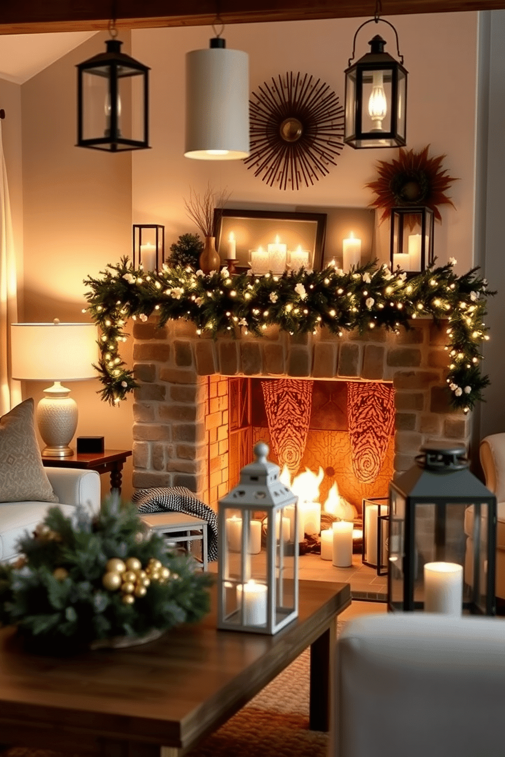 A cozy living room featuring soft hygge-inspired lighting with various lanterns casting a warm glow throughout the space. The room includes a beautifully decorated winter fireplace adorned with garlands, candles, and seasonal accents that create a welcoming atmosphere.