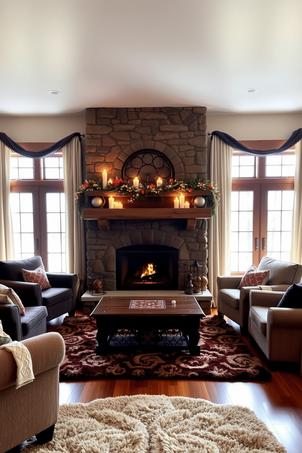 A cozy fireplace surrounded by comfortable seating creates a warm gathering space. The room features a rustic stone fireplace with a wooden mantel, adorned with seasonal decorations and flickering candles. Soft, plush rugs cover the wooden floor, inviting relaxation and comfort. Large windows dressed with thick curtains allow natural light to filter in, enhancing the inviting atmosphere of the winter game room.