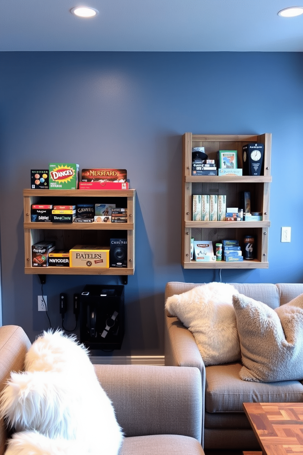 A stylish winter game room features wall-mounted game storage designed for optimal organization. The storage units are crafted from reclaimed wood, showcasing a rustic charm while neatly holding board games and gaming accessories. The walls are painted in a cool, icy blue hue, enhancing the cozy winter atmosphere. Plush seating arrangements with oversized cushions invite relaxation, while warm lighting creates an inviting ambiance.