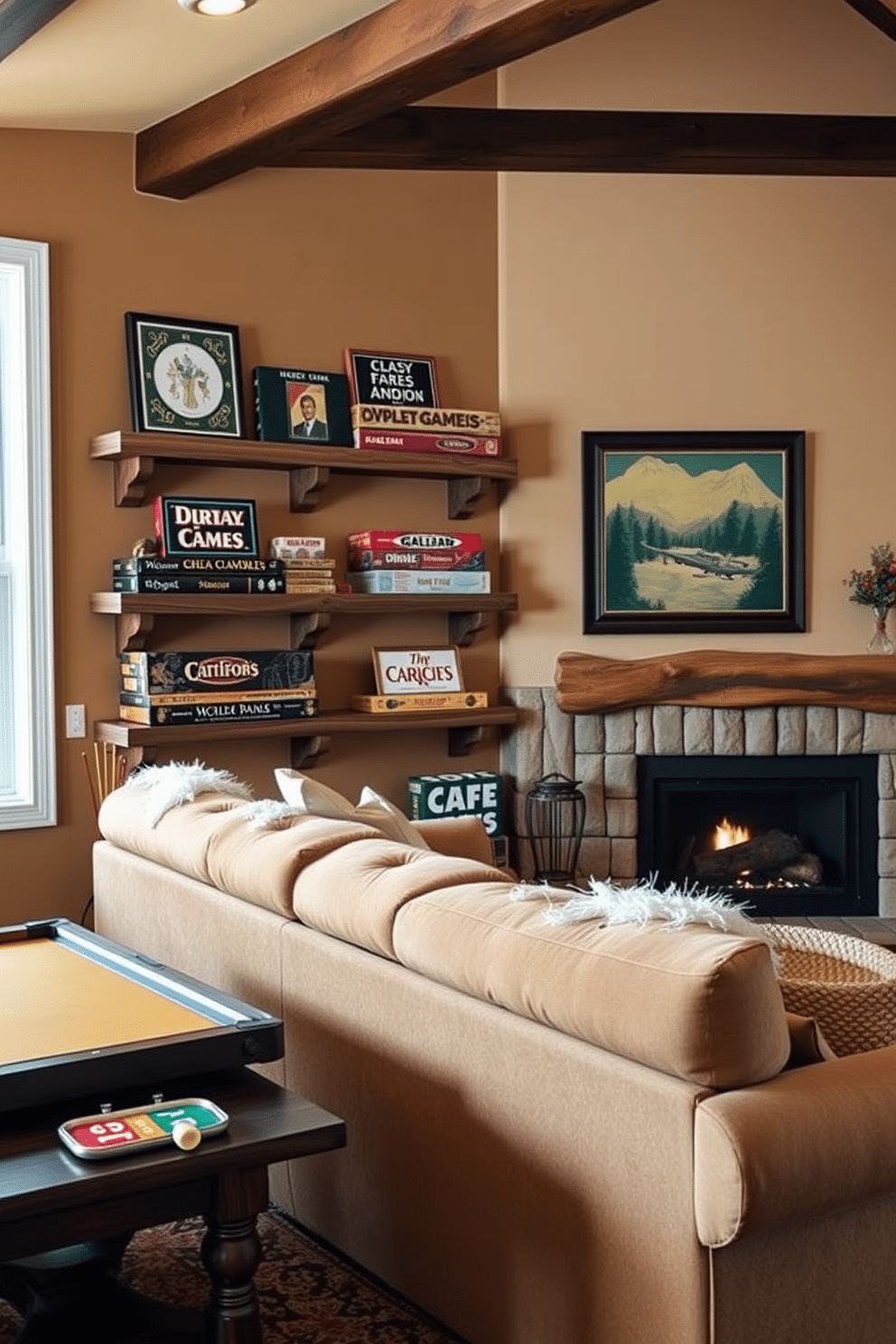 A cozy winter game room featuring vintage board games artfully displayed on rustic wooden shelves. The walls are adorned with warm, earthy tones, and a plush, oversized sofa invites relaxation in front of a crackling fireplace.