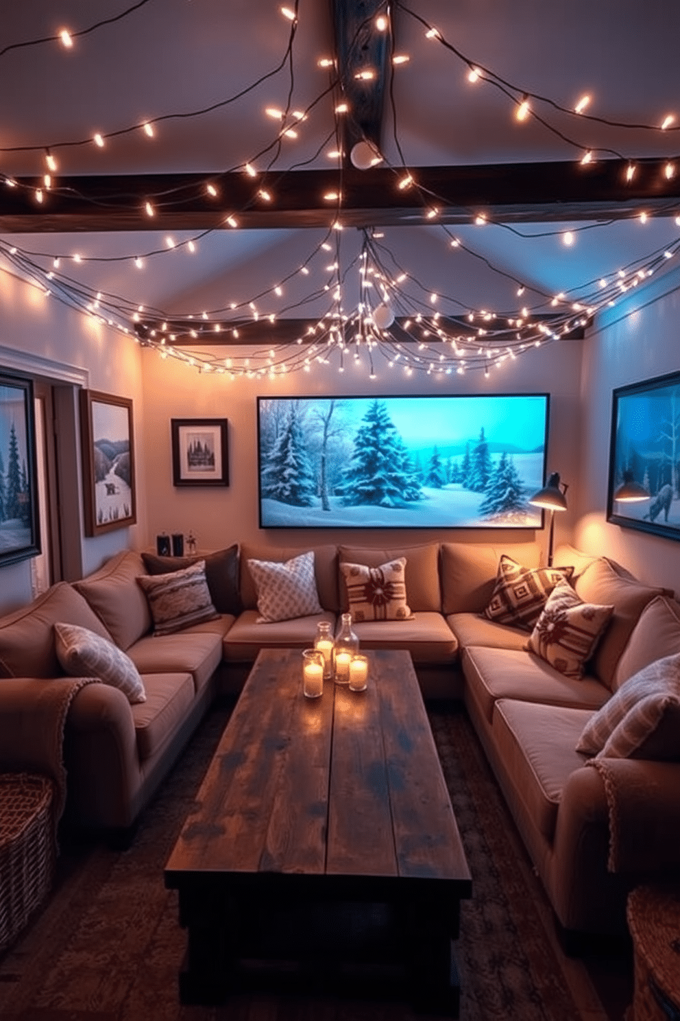 A cozy winter game room filled with warmth and charm. Soft fairy lights are draped across the ceiling, creating a magical ambiance that invites relaxation and fun. A large sectional sofa with plush cushions is positioned around a rustic wooden coffee table. The walls are adorned with framed artwork depicting winter landscapes, enhancing the seasonal theme.