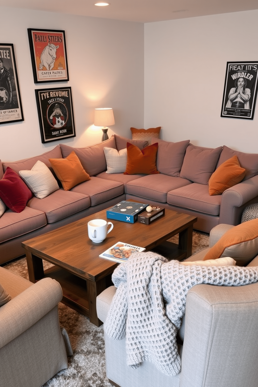 A cozy winter game room designed for socializing features a large sectional sofa upholstered in soft gray fabric, surrounded by plush throw pillows in warm tones. A rustic wooden coffee table sits at the center, adorned with a selection of board games and a steaming mug of hot chocolate. In one corner, a pair of comfortable armchairs with a knitted throw blanket invites guests to relax and engage in conversation. The walls are decorated with framed vintage game posters, and soft ambient lighting creates a welcoming atmosphere for gatherings.