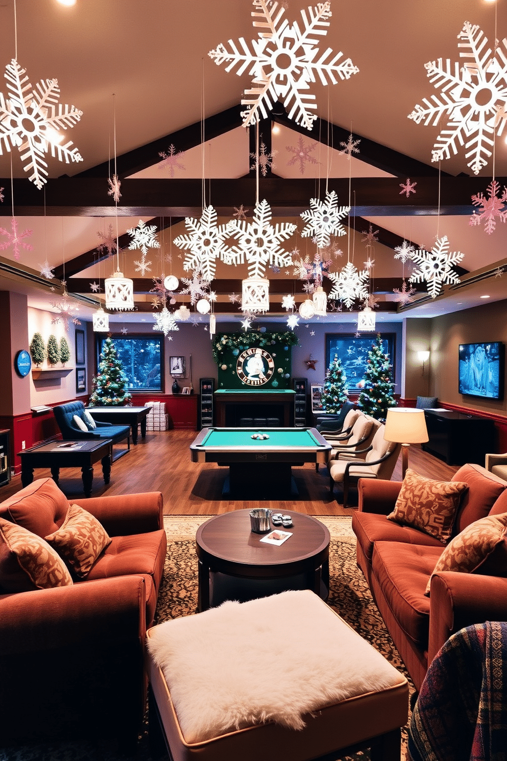 A cozy winter game room filled with festive cheer. Decorative snowflakes hang gracefully from the ceiling, creating a whimsical atmosphere. The walls are adorned with warm, inviting colors that complement the winter theme. Plush seating arrangements and a large coffee table encourage gatherings and fun activities.