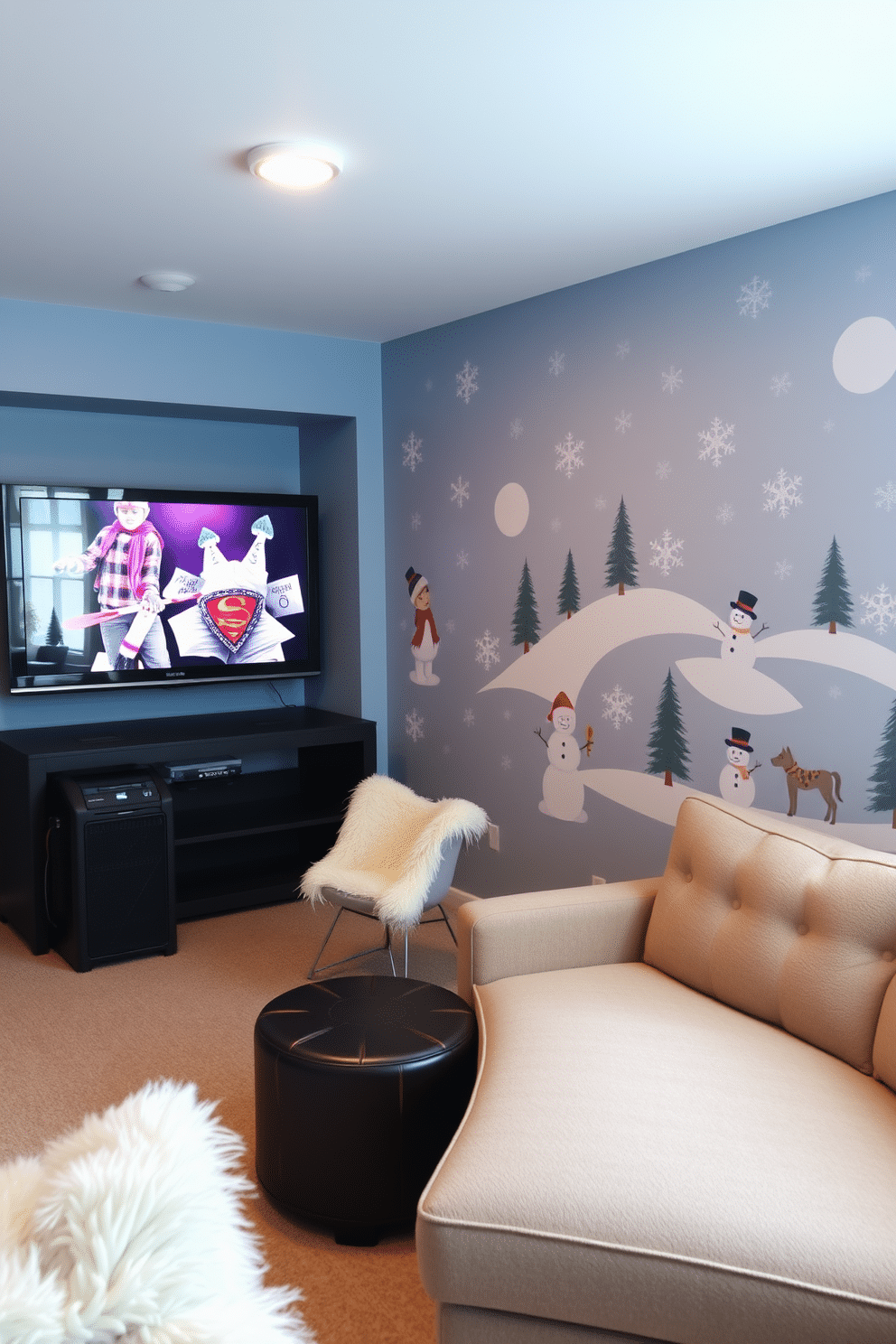 Create a cozy winter-themed game room filled with playful wall decals featuring snowflakes, snowmen, and winter sports scenes. The walls are painted in a soft blue hue to evoke a chilly atmosphere, while plush seating and warm lighting add comfort and warmth.