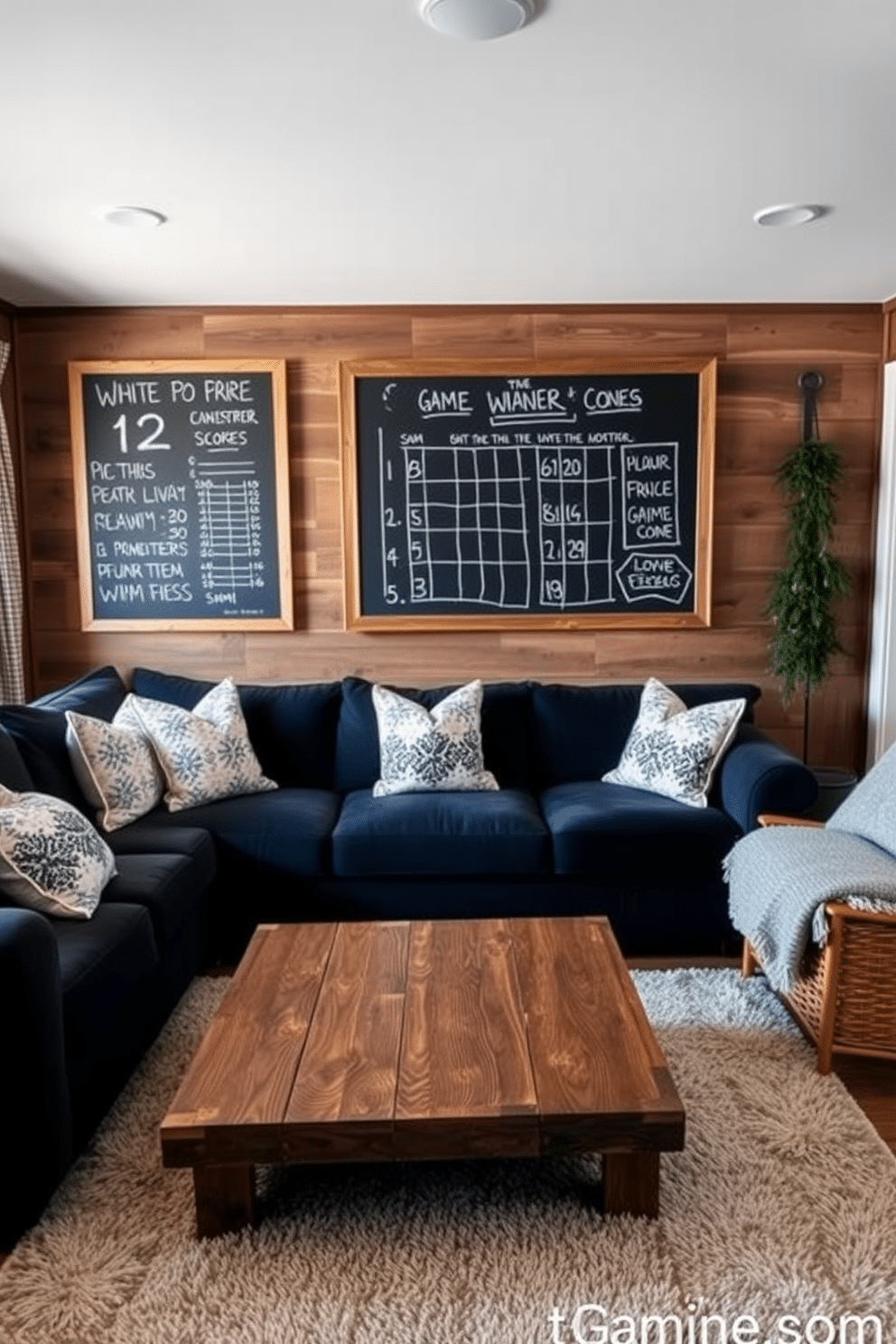 A cozy winter game room filled with warmth and excitement. The walls are adorned with a large interactive chalkboard for tracking game scores, surrounded by rustic wooden paneling. A plush sectional sofa in deep navy provides ample seating, complemented by oversized throw pillows in winter-themed patterns. A soft, textured area rug lies beneath a coffee table made from reclaimed wood, creating a welcoming gathering space.