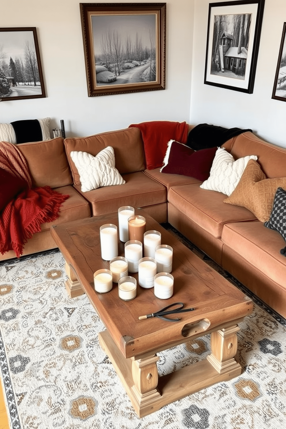 A cozy game room designed for winter relaxation. The space features a large, plush sectional sofa adorned with soft throw blankets and pillows in rich, warm colors. In the center, a rustic wooden coffee table holds an assortment of scented candles with winter fragrances like pine and cinnamon. The walls are decorated with framed artwork depicting winter landscapes, and a stylish rug adds warmth to the hardwood floor.