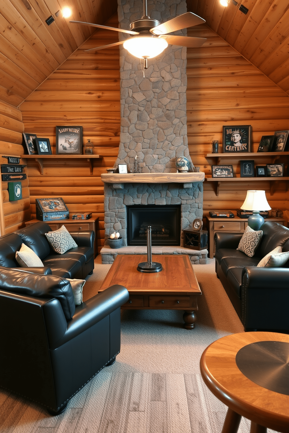 A cozy game room featuring rustic wood accents that evoke a warm cabin atmosphere. The walls are lined with reclaimed wood, and a large stone fireplace serves as the room's focal point. Comfortable leather seating is arranged around a wooden coffee table, perfect for game nights. Vintage board games and rustic decor items are thoughtfully placed on shelves, enhancing the inviting ambiance.