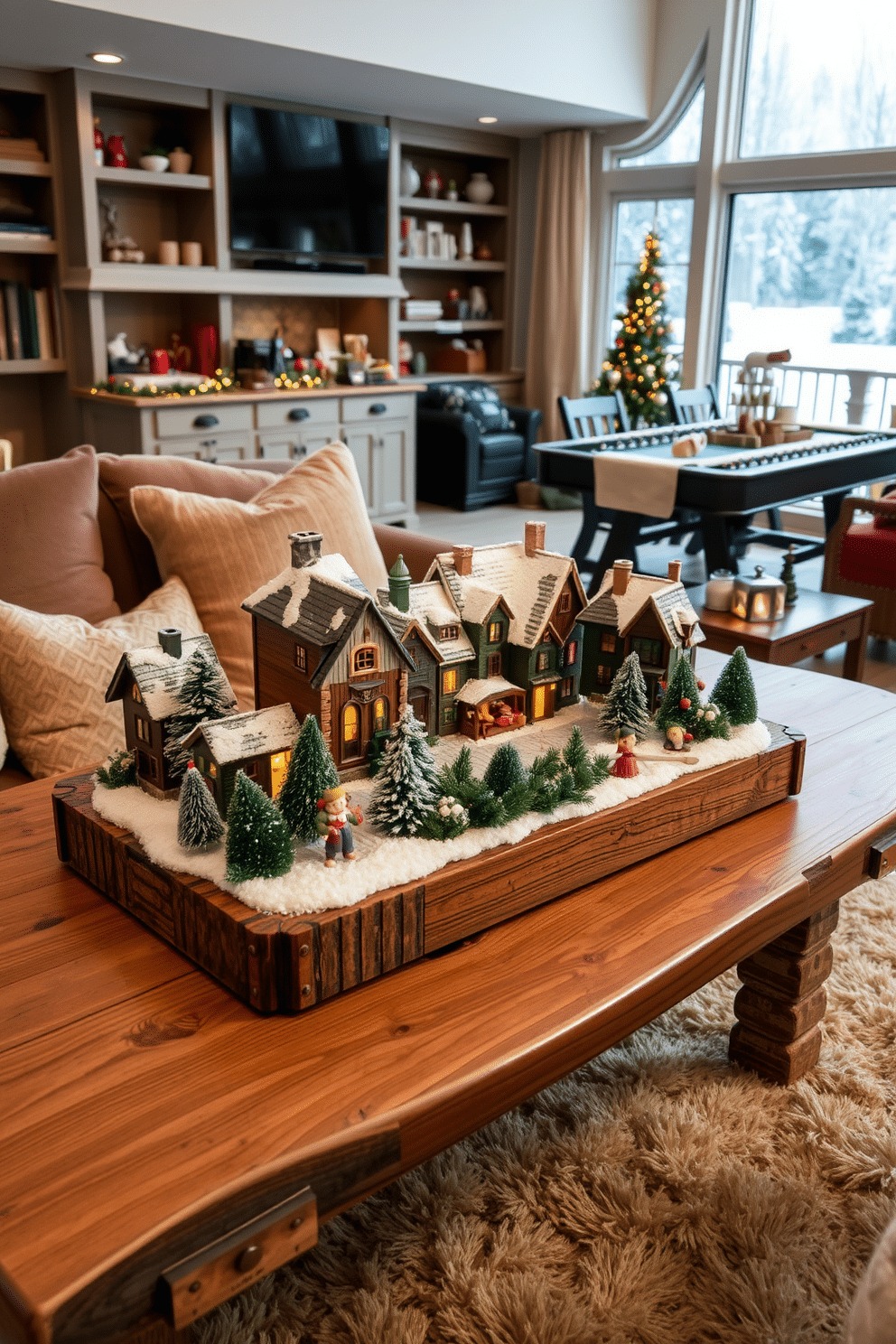 A charming miniature holiday village is arranged as a centerpiece on a rustic wooden table. The village features quaint houses with snow-covered roofs, twinkling lights, and miniature figures enjoying the winter festivities. The game room is decorated with cozy elements that enhance the winter theme. Plush seating in warm tones surrounds a coffee table adorned with festive decorations, while a large window showcases a snowy landscape outside.