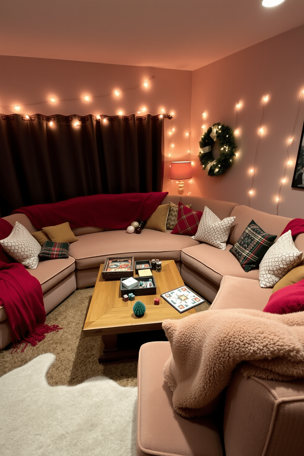 A cozy games corner designed for winter enjoyment. The space features a large, plush sectional sofa adorned with soft throw blankets and pillows in festive colors. A rustic wooden coffee table sits in the center, surrounded by board games and seasonal decorations. Twinkling fairy lights are draped across the walls, creating a warm and inviting atmosphere.