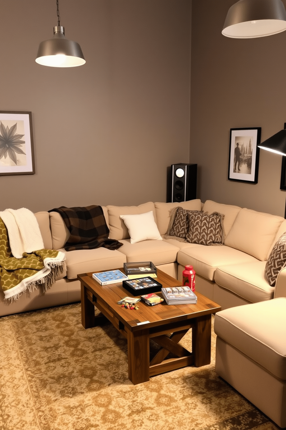 A cozy winter game room featuring a large sectional sofa adorned with plush throw blankets. The walls are painted in a warm gray tone, and a rustic wooden coffee table sits in the center, surrounded by a mix of board games and snacks. In one corner, a stylish portable heater provides extra warmth, blending seamlessly with the decor. The room is illuminated by soft pendant lights, and a large area rug adds comfort underfoot, creating an inviting atmosphere for friends and family to enjoy.